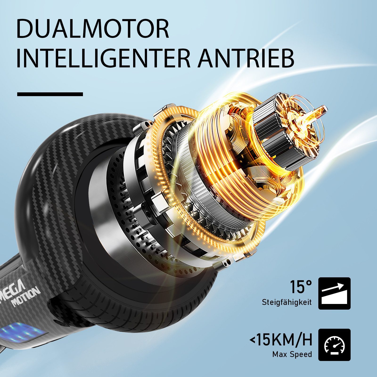 Mega Motion Balance Scooter 6.5 Zoll Hoverboard mit Bluetooth LED-Licht 2 Motoren, 15 km/h, Geschenk für Kinder und Jugendliche