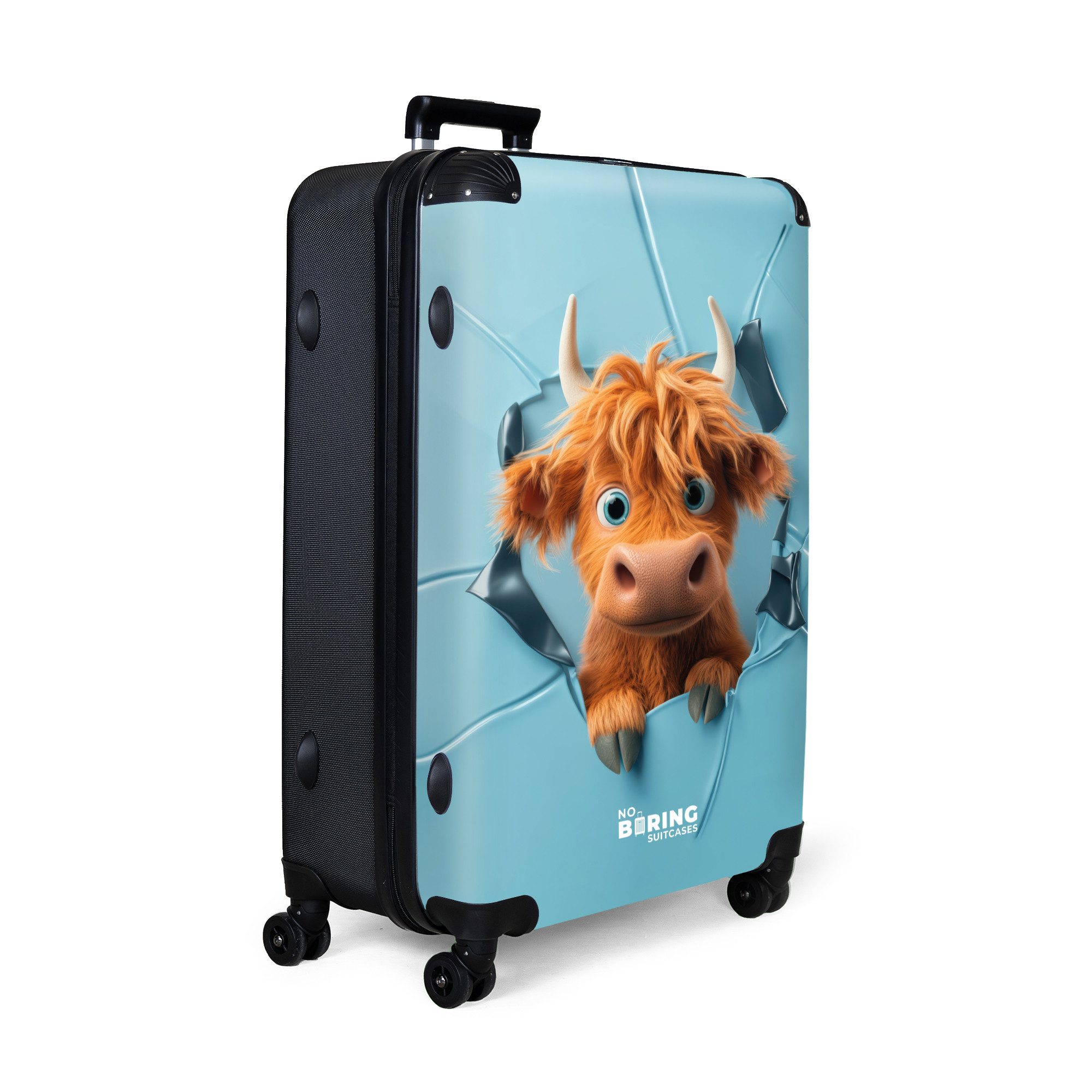 NoBoringSuitcases.com© Kinderkoffer Cartoonistische Kuh durchbricht Wand 77 cm - 98 L, 8 Rollen, Großer Reisetasche mit Rollen für 30kg, Kinderkoffer