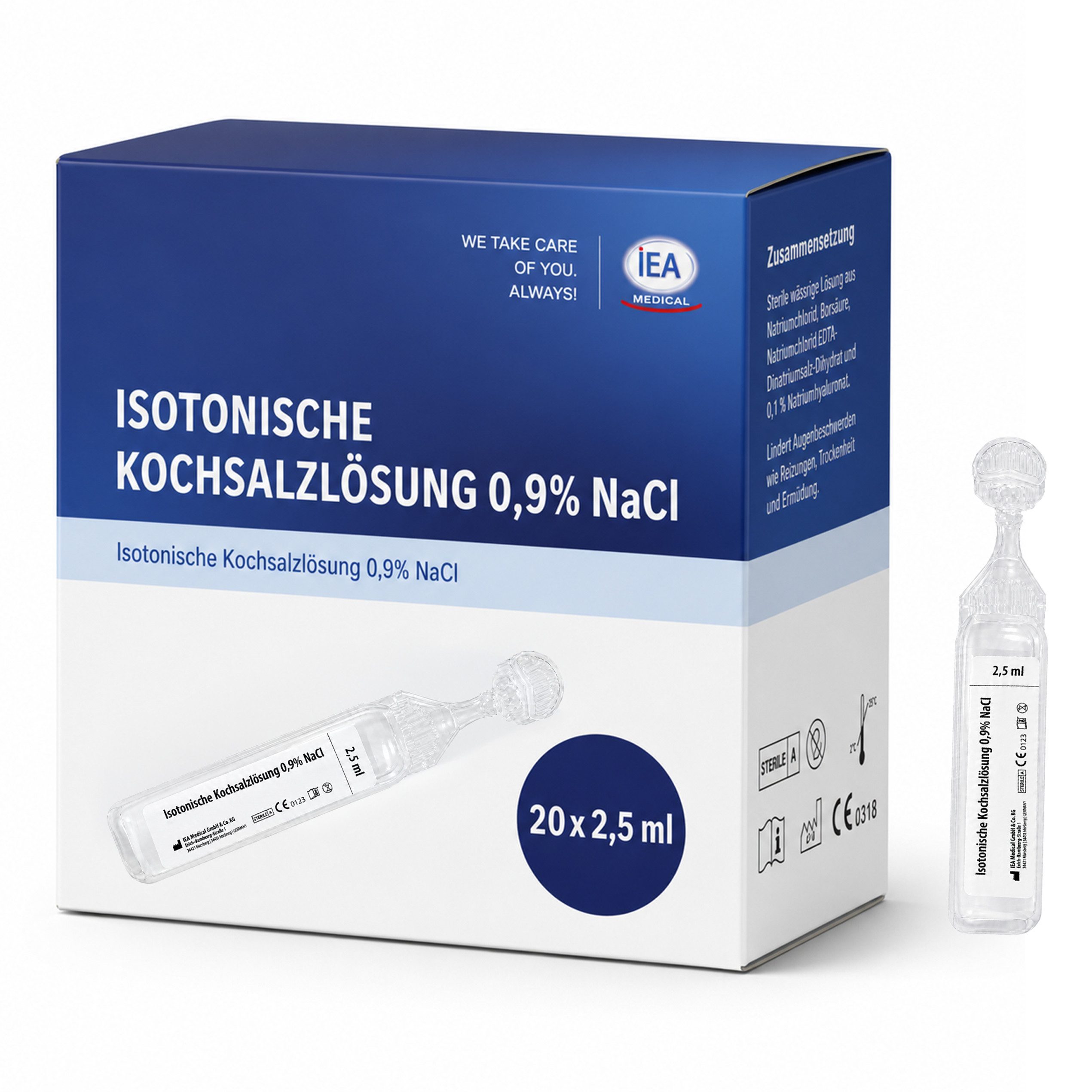 IEA Medical Inhalations-Zusatz isotonische Kochsalzlösung 0,9% NaCl zum inhalieren 20 x 2,5 ml, 20-tlg., steril, konservierungsfrei, für Pollenzeit, Allergie, Alltag & Familie