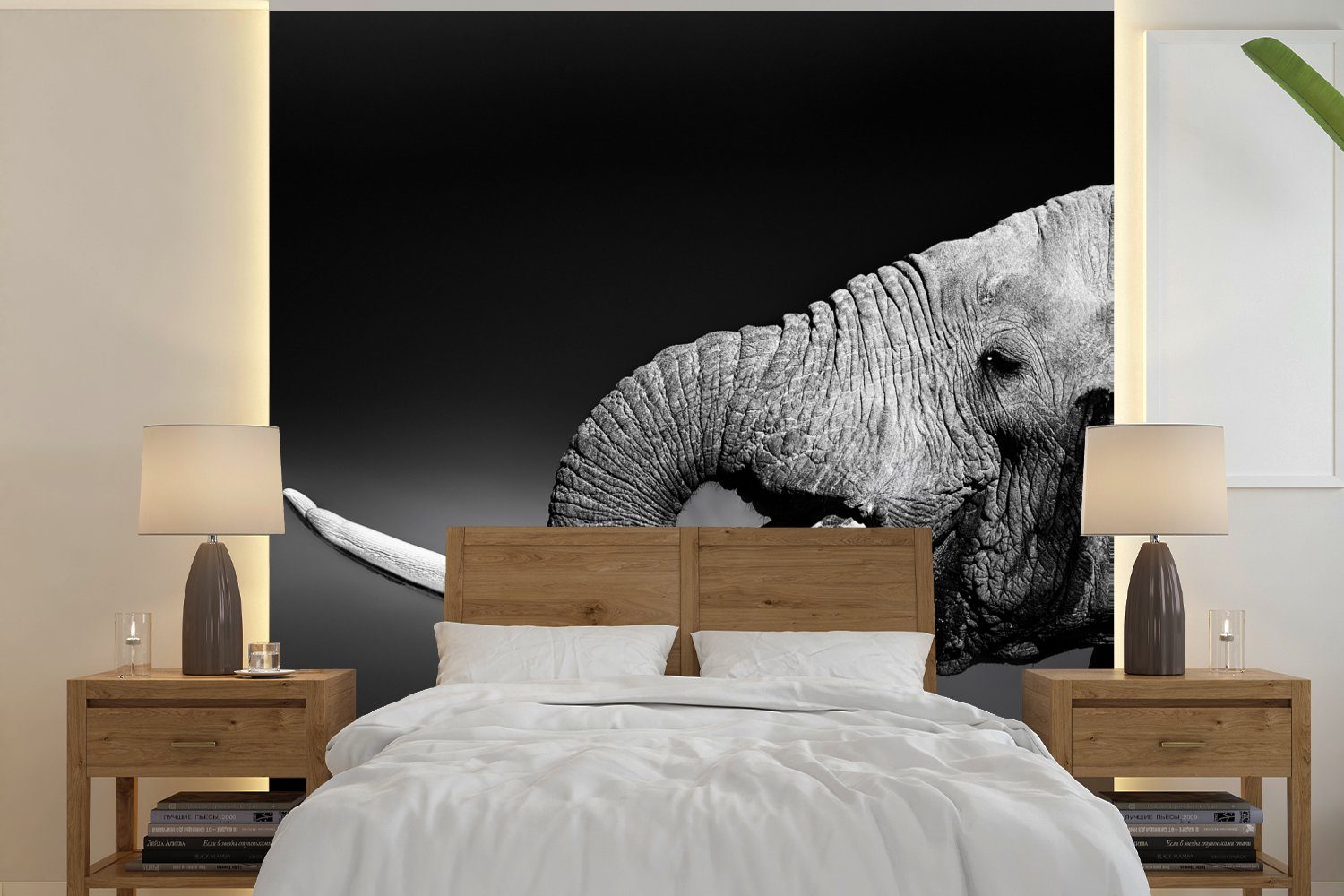 MuchoWow Fototapete Elefant - Wasser - Tiere - Schwarz - Weiß, Matt, bedruckt, (4 St), Vliestapete für Wohnzimmer Schlafzimmer Küche, Fototapete