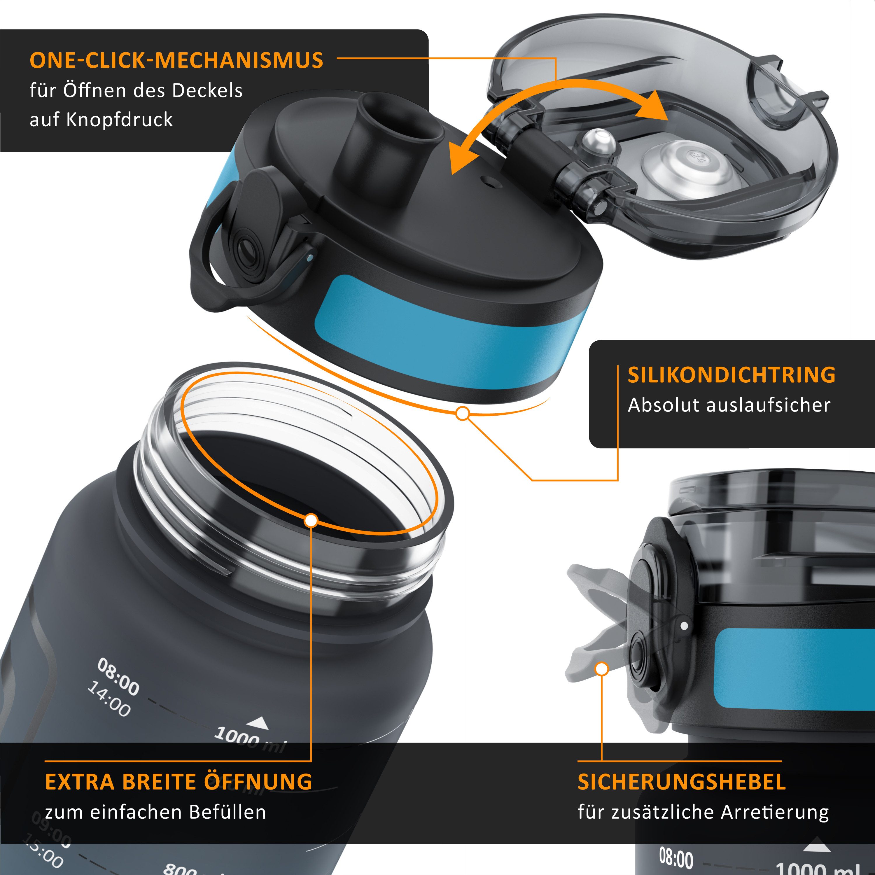 Arendo Trinkflasche Sportflasche 1000 ml, verschließbar, Trinkmotivation, auslaufsicher, Wasserflasche mit Zeitmarkierung, BPA-frei, Spülmaschinengeeignet