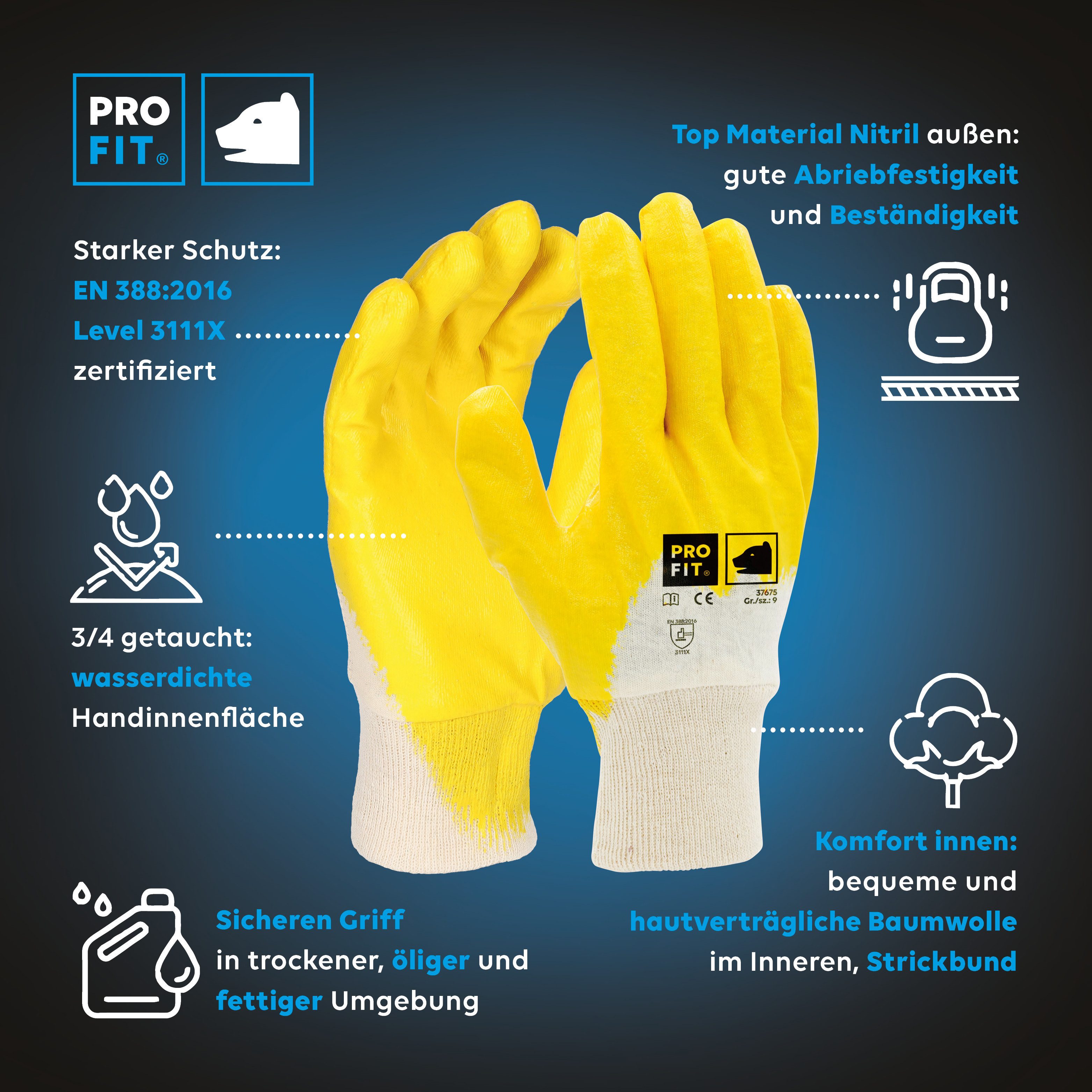 PRO FIT Nitril-Handschuhe Arbeitshandschuhe, Gartenhandschuh ¾ beschichtet, Mechaniker-Handschuh (12, Paar) Wasserdichte Handinnenfläche