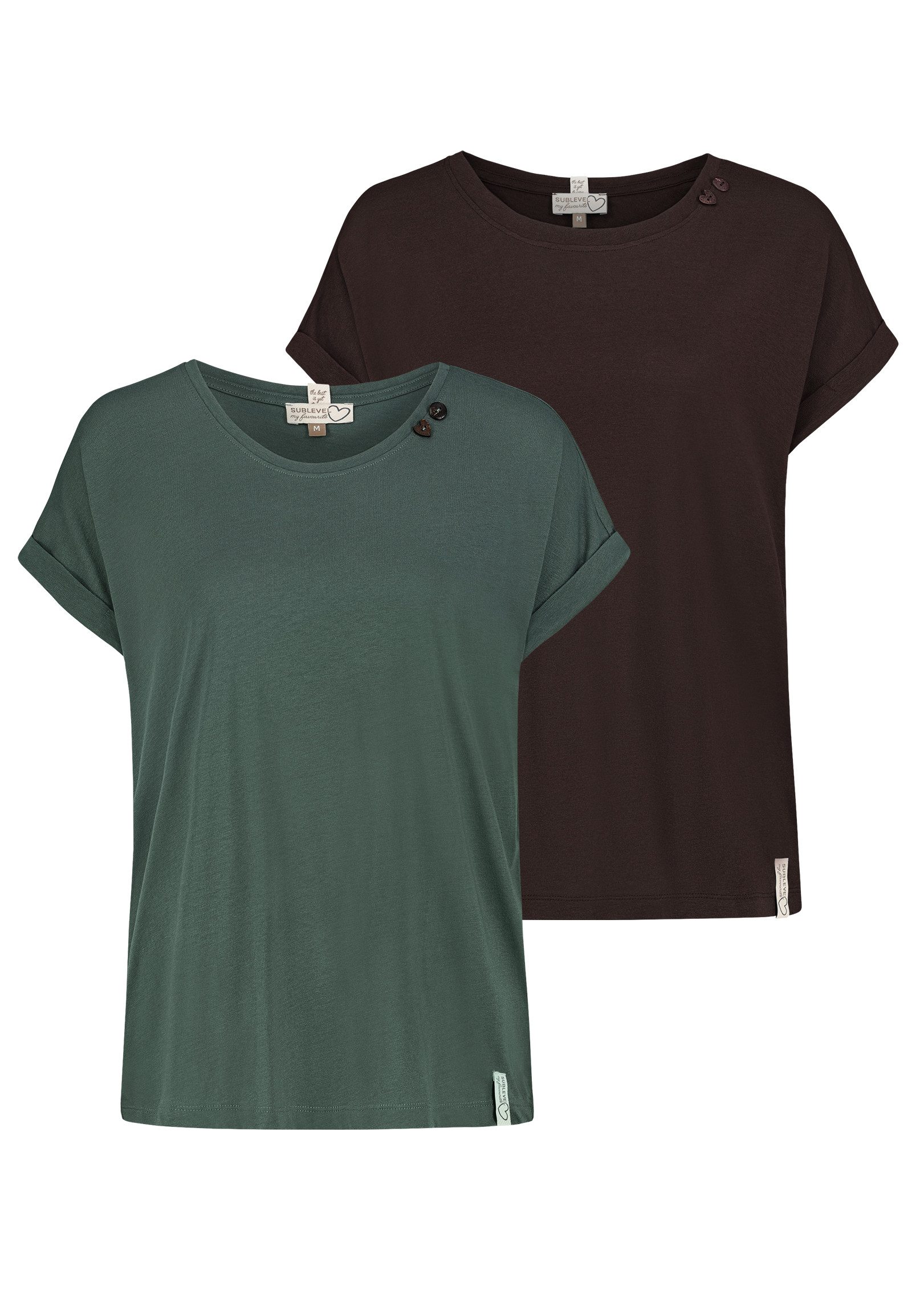 SUBLEVEL T-Shirt 2er-Pack Unifarben Schulterknöpfe für Damen (2-tlg) Lockere Passform, Runder Ausschnitt, Dezentes Saumlabel