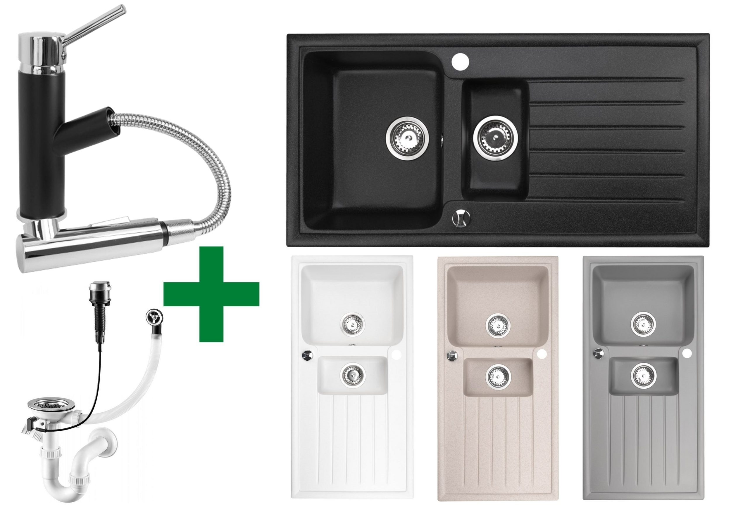 Faizee Möbel Granitspüle Granitspüle 100x50 mit Armatur Cado Küchenspüle Granit inkl.Siphon Set