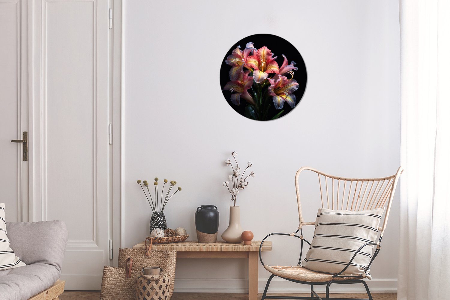 Forex, Wohnzimmer, 30x30 Gemälde - Kreis Wandbild, St), Porträt, Natur cm - (1 Tigerlilie MuchoWow Wanddekoration Rundes - Blumen - Rosa