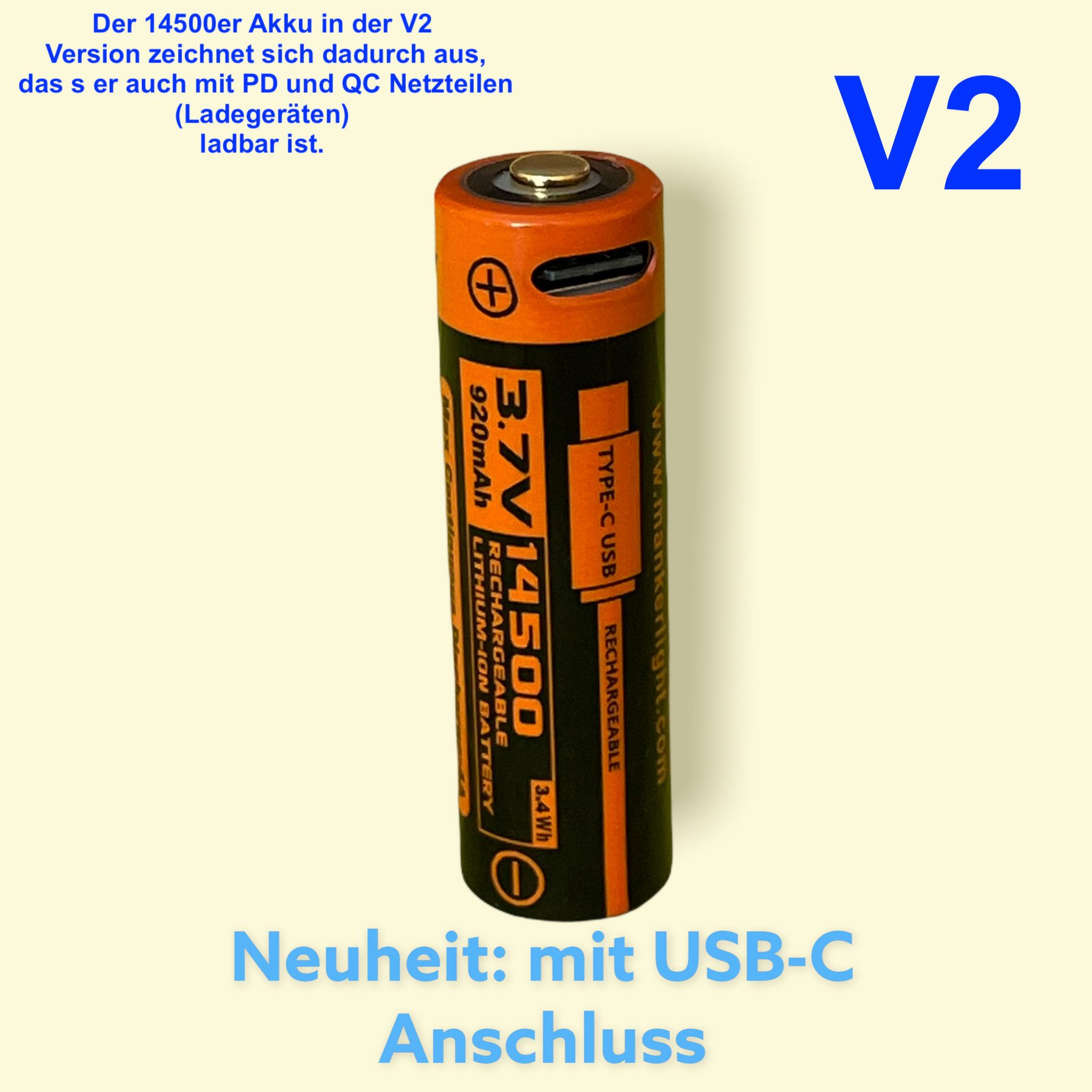 Manker 14500 V2 Li-Ionen Akku mit 920 mAh geschützt USB-C aufladbar Akku (1 St)