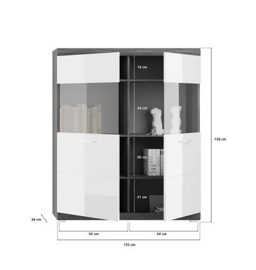 the kuup Highboard Highboard mit Glasfront I 8 Fächer I Modell TK15 I Weiße Hochglanzfronten I Korpus und Absetzung Rauchsilber Nachbildung