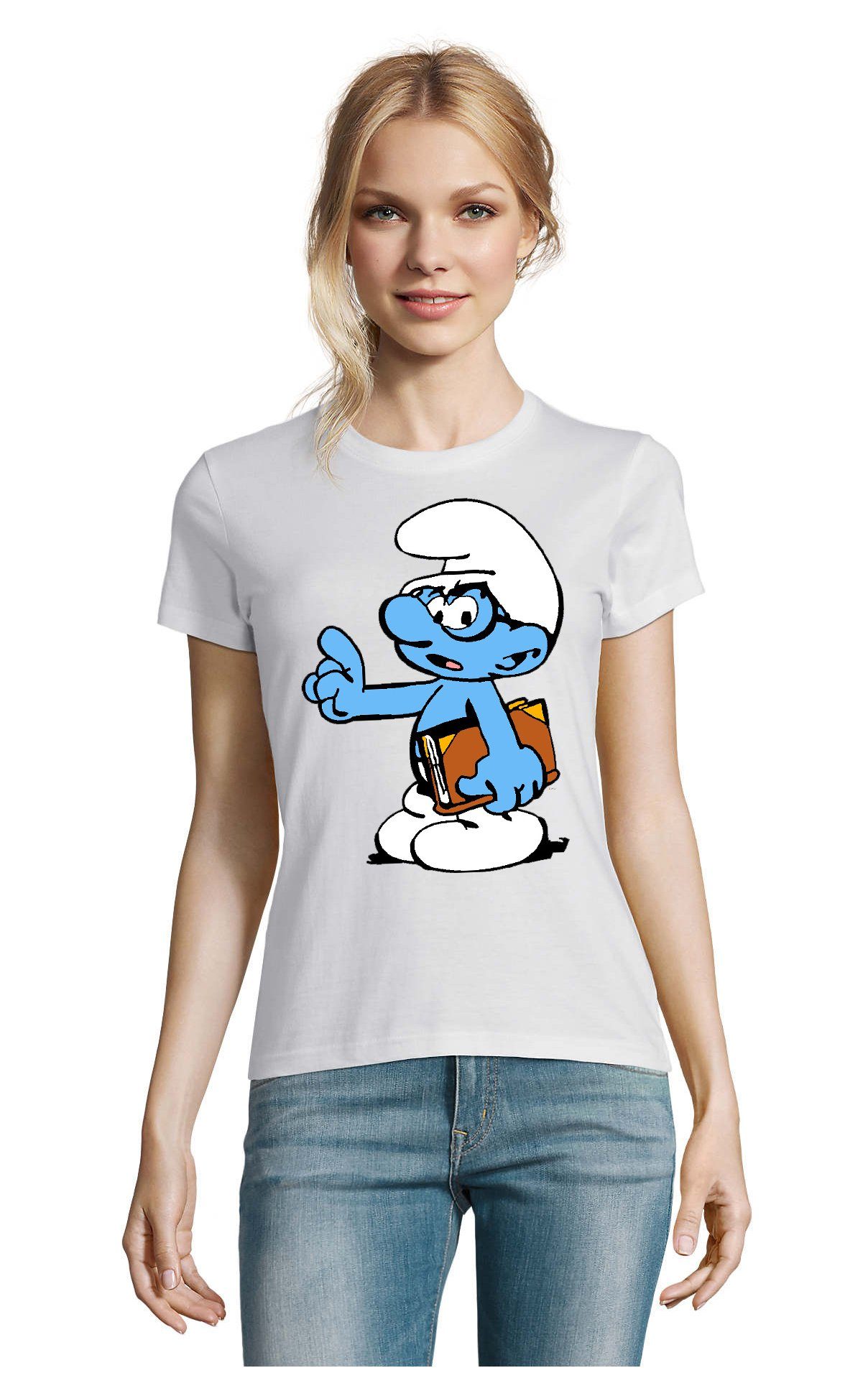 Blondie & Brownie T-Shirt Damen Schlaubi Schlumpf Buch Schlumpfhausen Schlumpfine Weiss