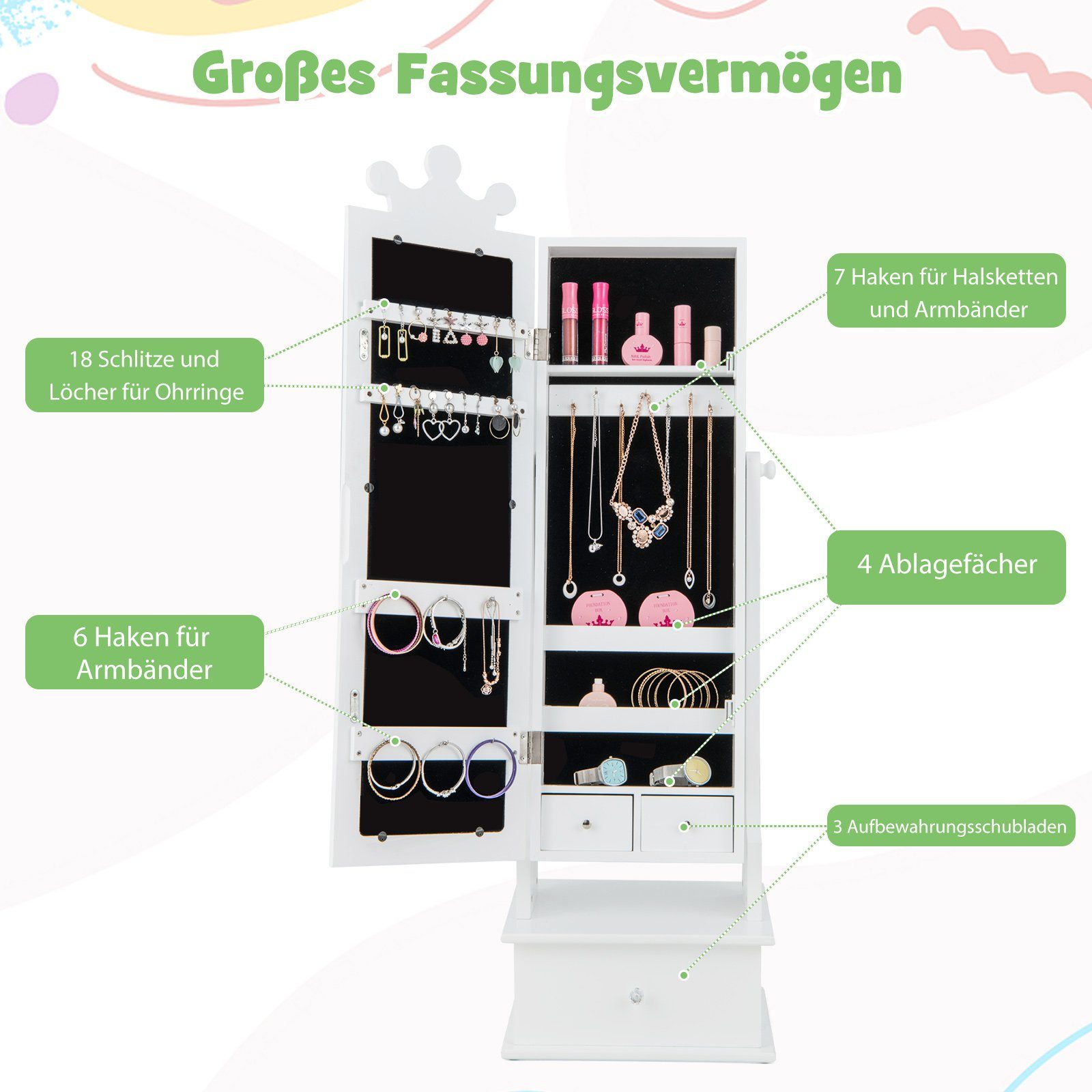 COSTWAY Schmuckschrank Kinder Spiegelschrank mit 3 günstig online kaufen