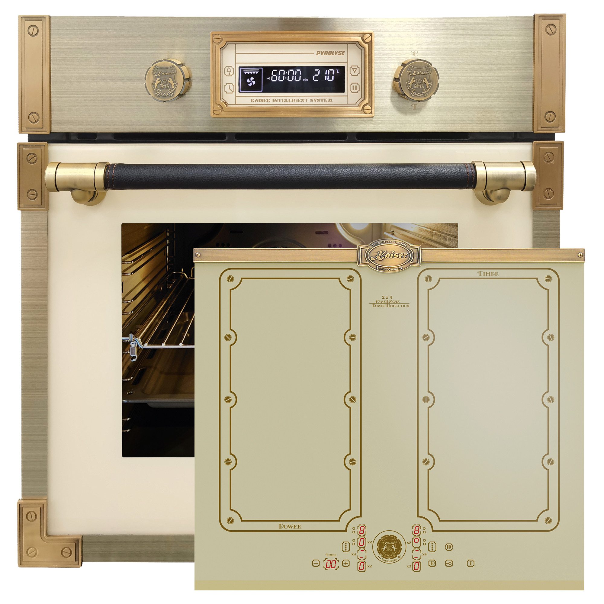 Kaiser Küchengeräte Backofen-Set Herd Set Autark Retro Pyrolyse Einbau Backofen 73L Elfebeinfarbiges Glas 60 cm mit Induktionskochfeld 60 cm FREE ZONE mit 2 FLEX Induktions-Zonen EH 6427 ElfAD+KCT 6192 FI ElfEm., mit 1-fach-Teleskopauszug, Pyrolyse-Selbstreinigung