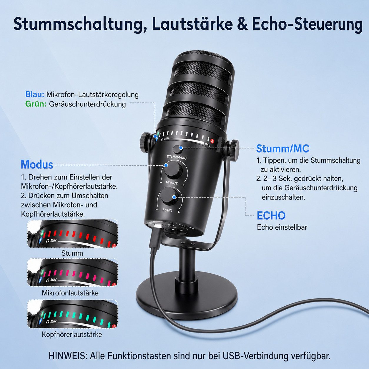 Toomoke Mikrofon XLR Mikrofon Dynamisch für Streaming Podcast Studio Microphone USB (Komplettes Lieferkit mit Metallständer, Audiokabeln, USB-Datenkabel sowie 2 USB-Adapter, 5-tlg), Mikrofon Set PC Gaming RGB effiziente Unterdrückung von Lärm