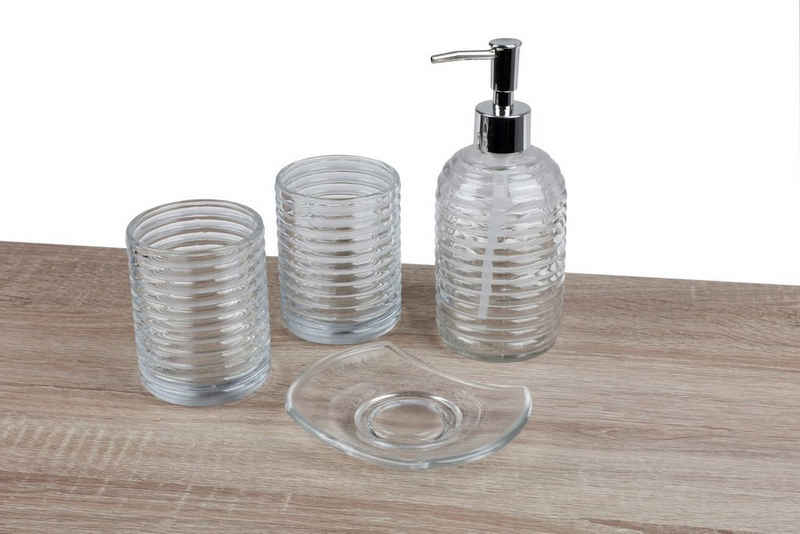 BURI WC-Garnitur Badezimmer-Set aus Glas Seifenspender Seifenschale Zahnputzbecher Badaccessoires