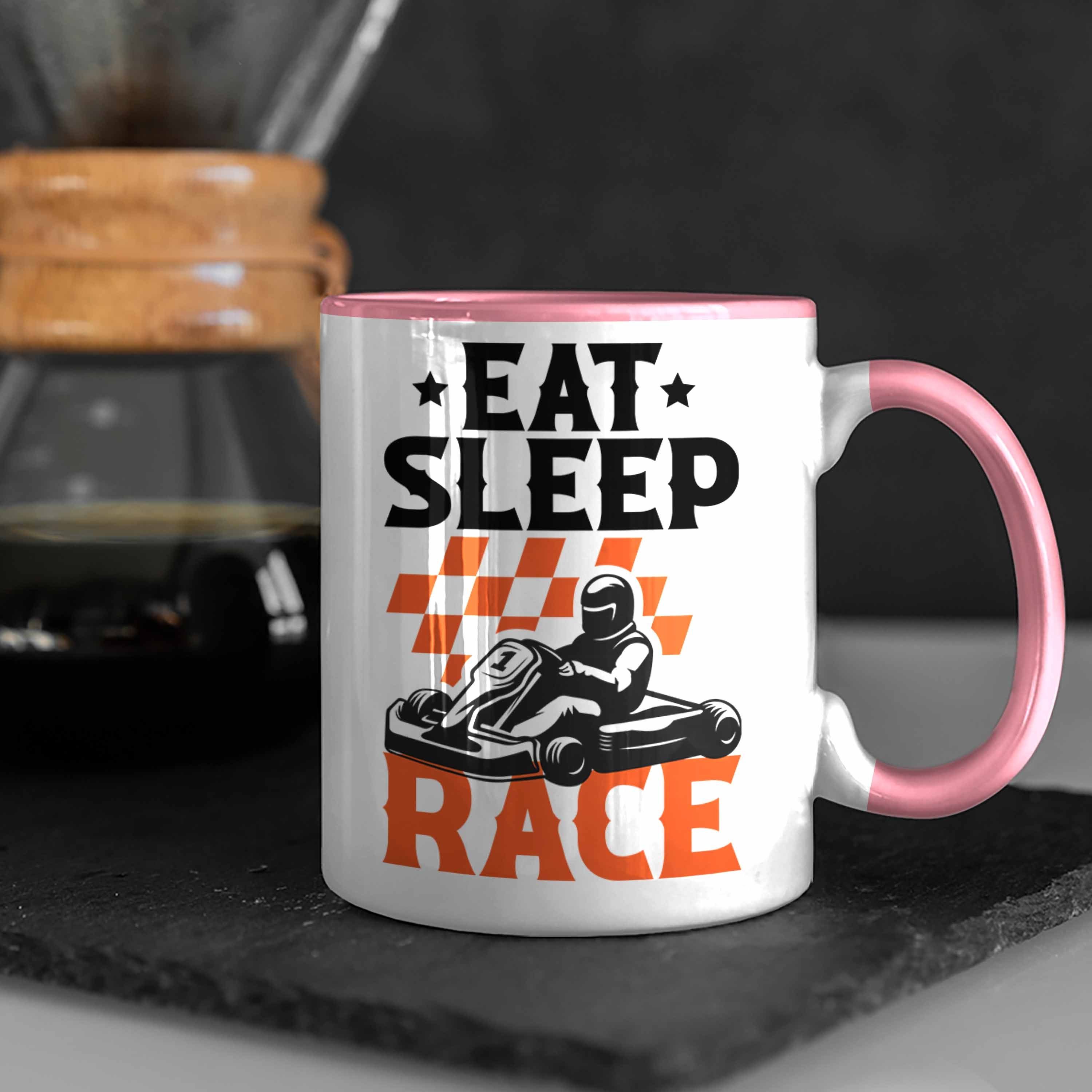 Trendation Tasse Trendation - Sleep Race Geschenk Rosa Gokart Rennfahrer Racing Fahrer Kart Go Tasse Eat