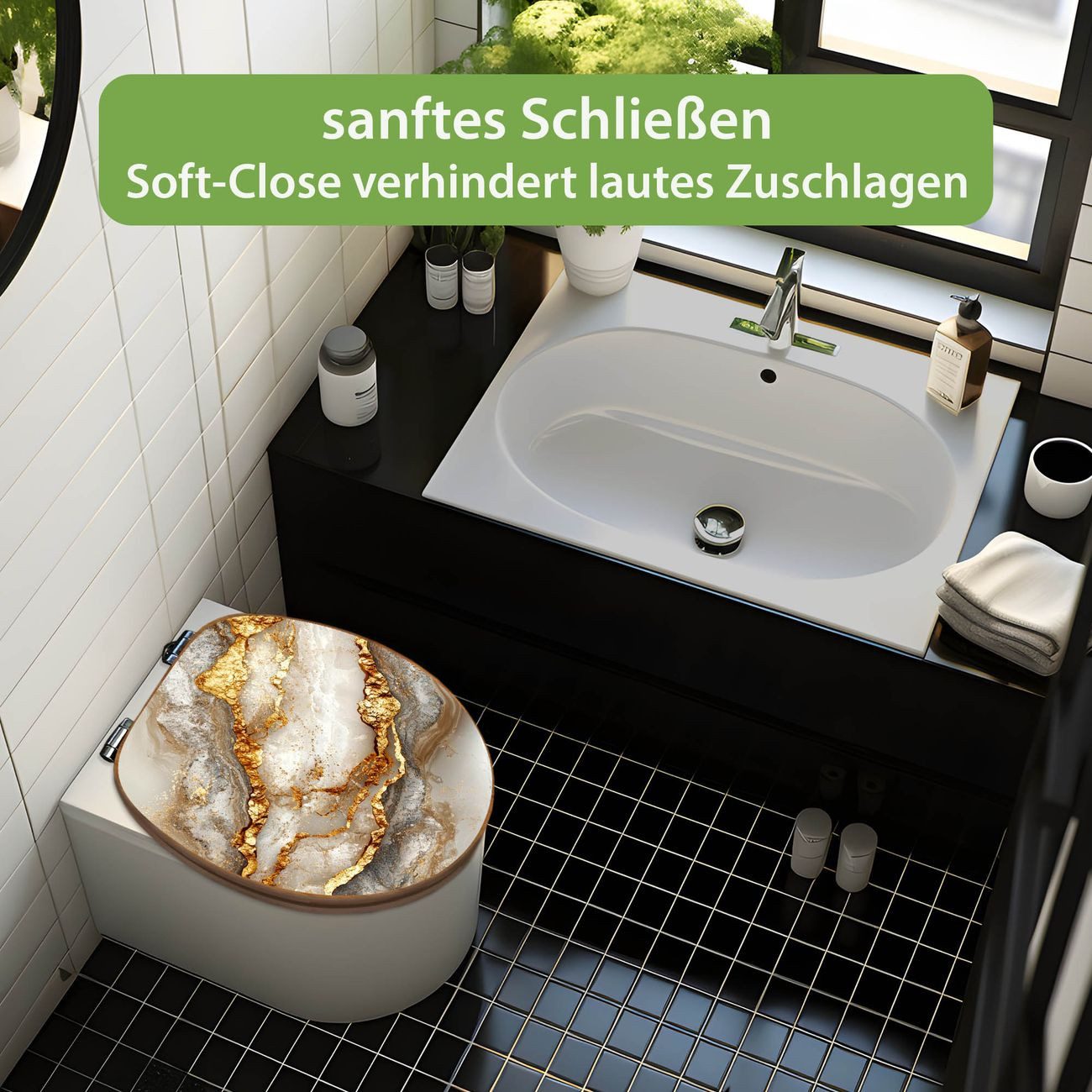 banjado WC-Sitz aus Bambus mit Absenkautomatik Motiv Weißer Marmor mit Gold 2 (umweltfreundliches Material, integrierte Absenkautomatik), 45,8 x 37,5 x 5 cm