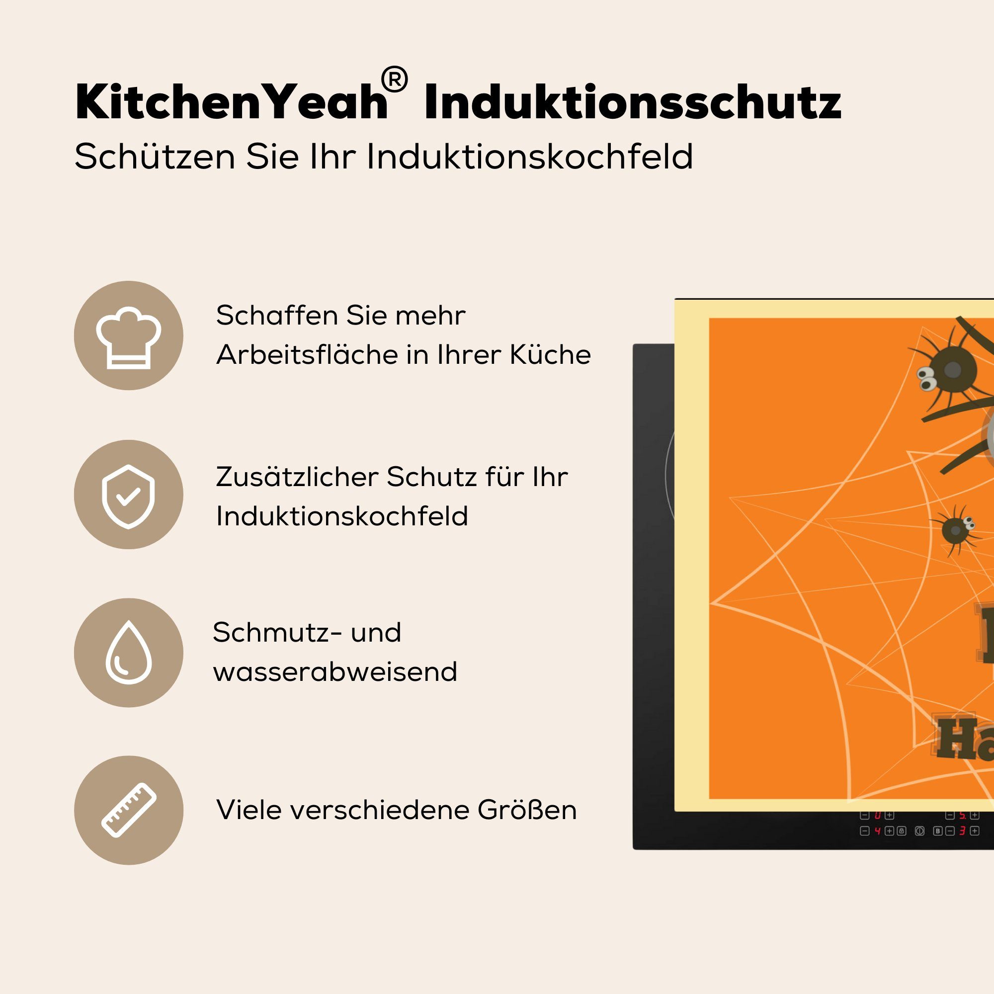 Vinyl, küche, orangem cm, 81x52 Herdblende-/Abdeckplatte MuchoWow für Induktionskochfeld die mit Hintergrund, auf tlg), Spinnen (1 Halloween' Happy Schutz Ceranfeldabdeckung