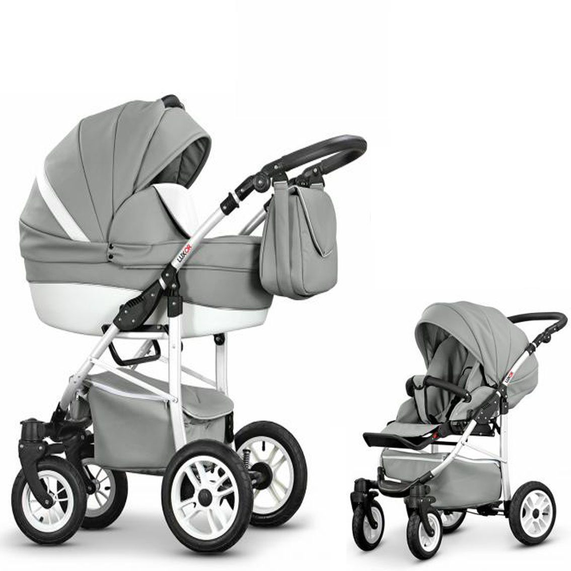 bedeutend babies-on-wheels Kombi-Kinderwagen 2 in - Kinderwagen-Set 13 ECO Kunstleder Teile - 1 in Grau-Weiß 16 Farben Cosmo