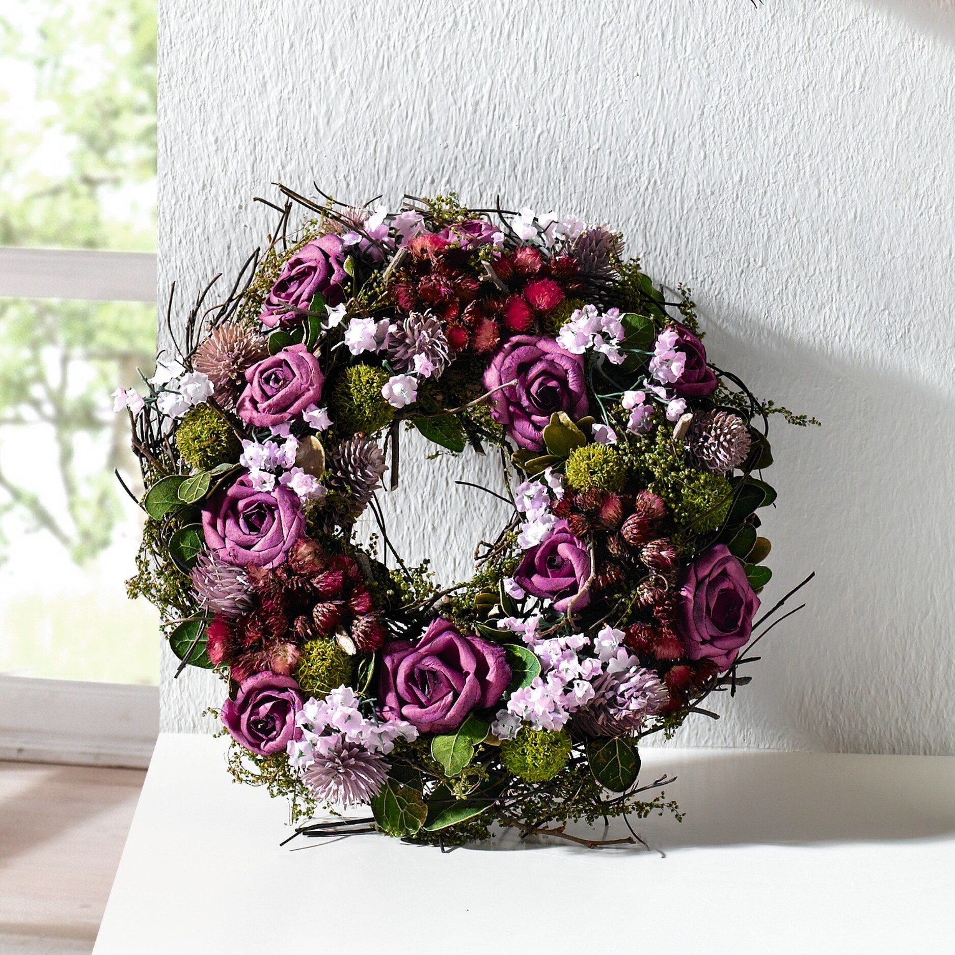 Dekoleidenschaft Dekokranz "Lila Rose" aus Naturmaterialien & Textilblüten, günstig online kaufen