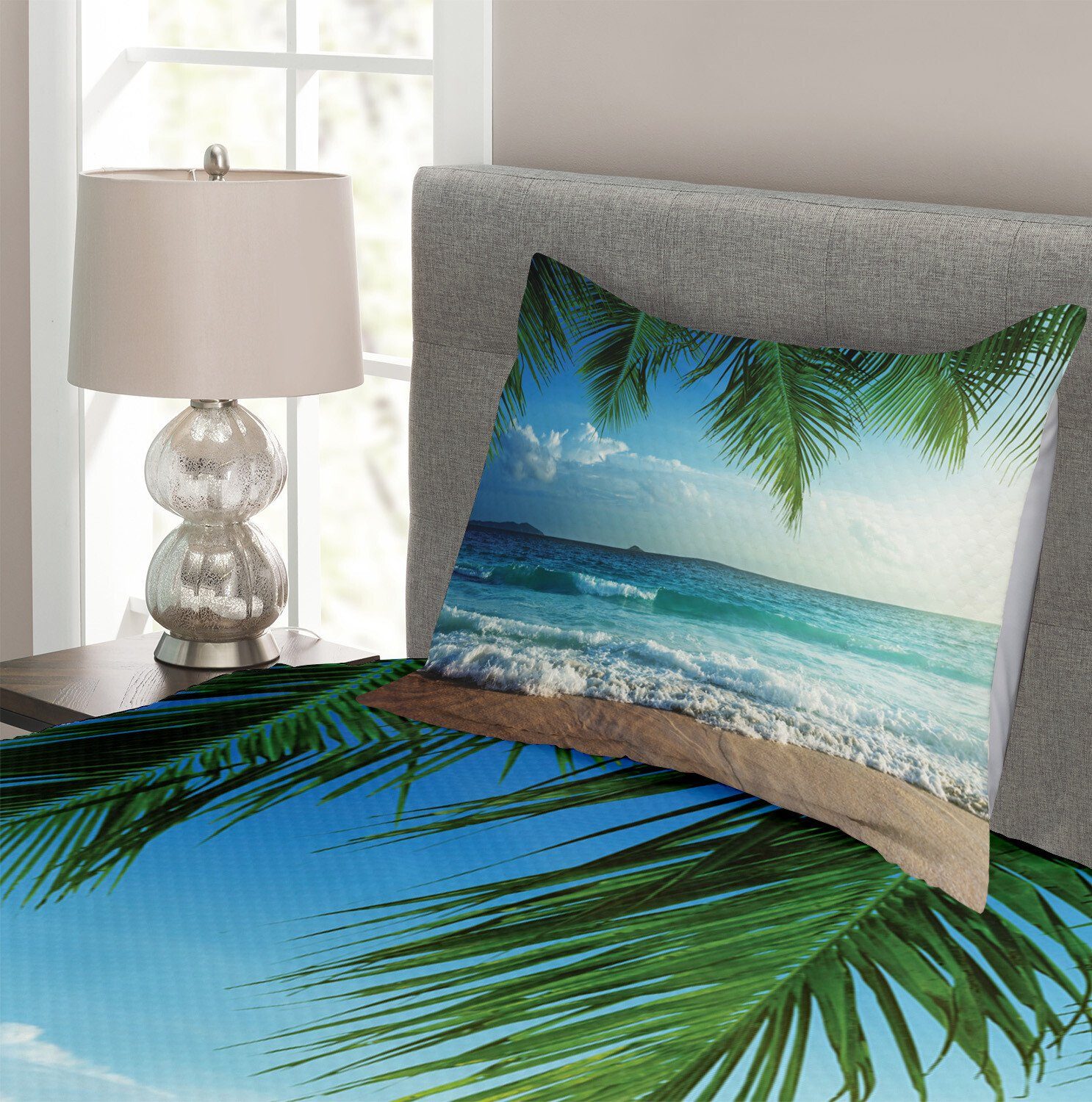 Tagesdecke Set mit Kissenbezügen Palmen Abakuhaus, Ozean Waschbar, Island Tropical