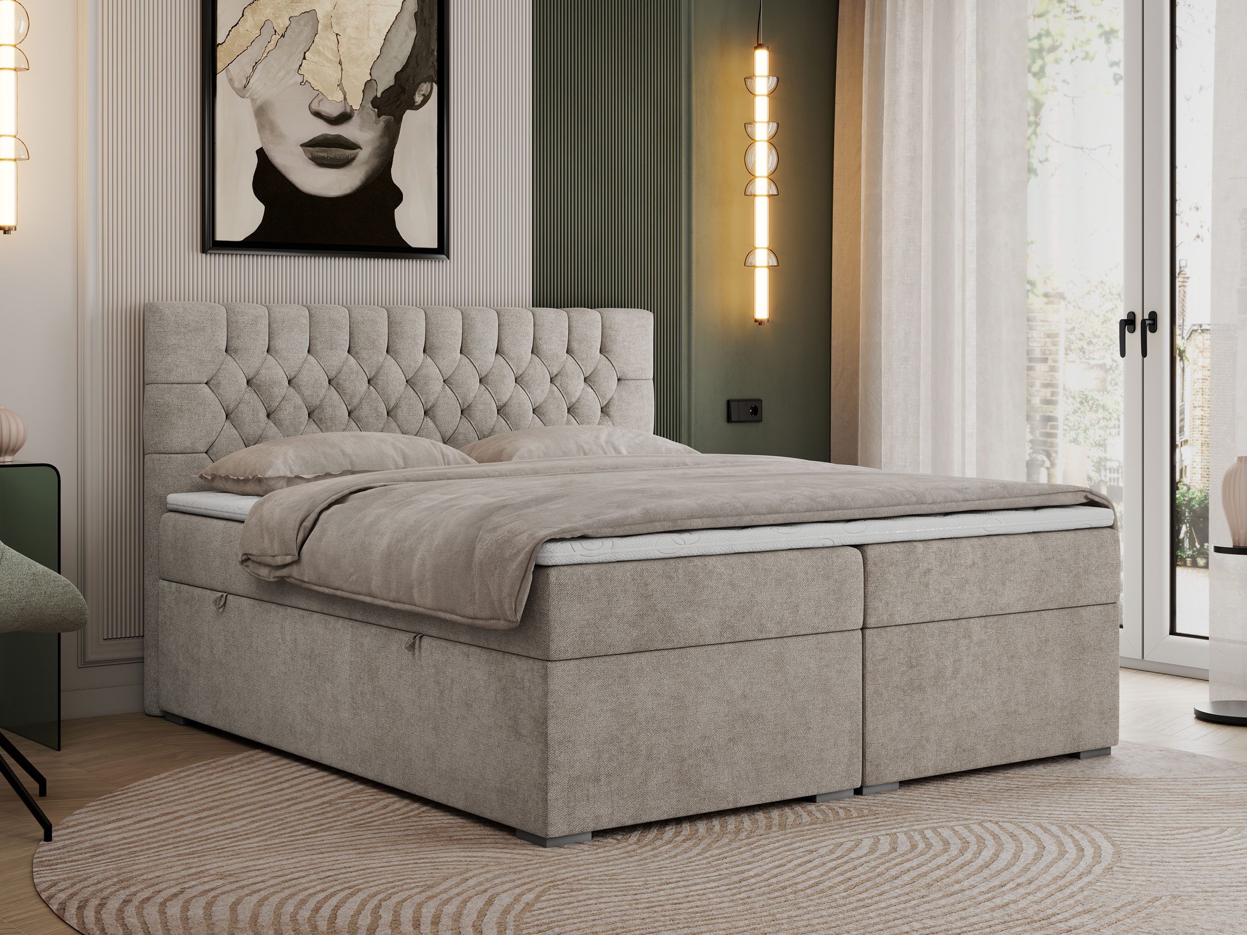 MKS MÖBEL Boxspringbett PERA (Set, Packung, H3-Matratze, Topper T25, T30-Schaum, gesteppte Kopfstütze), Doppelbett mit Multipocket-Matratzen, Polsterbett mit Kopfstütze