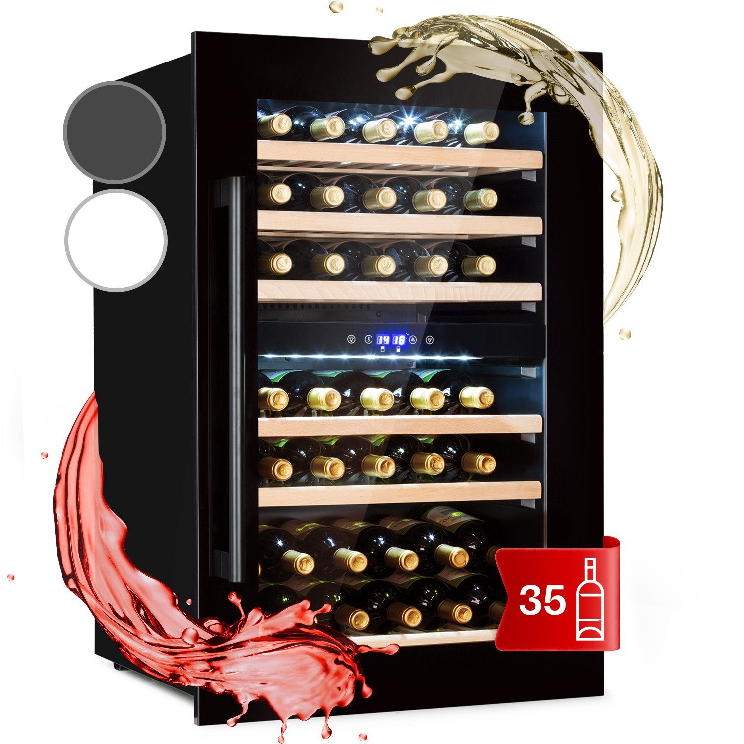 Klarstein Weinkühlschrank Vinsider 35D Onyx Edition, für 35 Standardflaschen á 0,75l,2 Zonen Wein Flaschenkühlschrank Weintemperierschrank Kühlschrank Schwarz | schwarz
