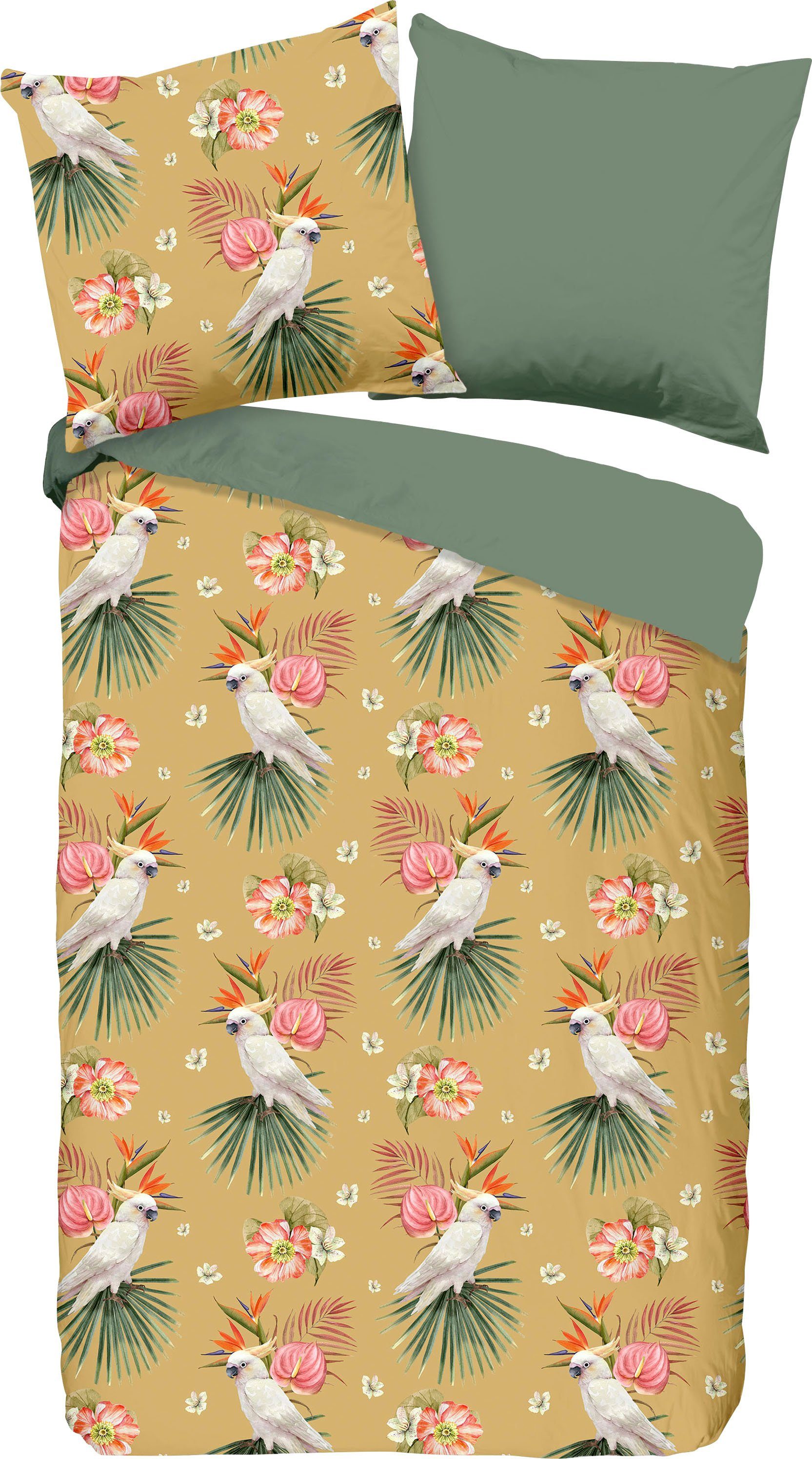 PURE luxury collection Wendebettwäsche Kakatoe, Renforcé, 2 teilig, Mikrofaser, 135x200, Pflegeleicht, Reißverschluss, Wendeoptik, Vogel