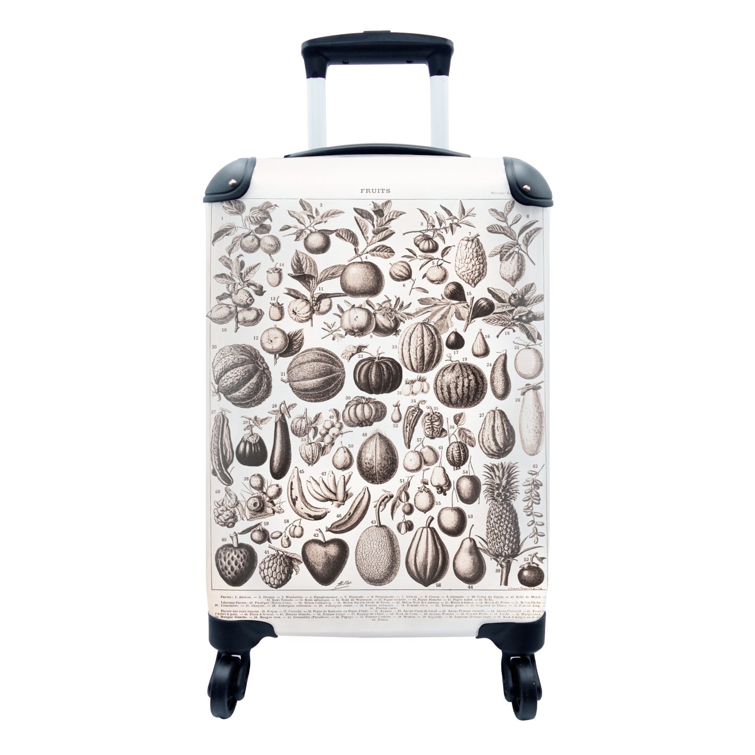 MuchoWow Handgepäckkoffer Obst - Lebensmittel - Schwarz - Weiß, 4 Rollen, Reisetasche mit rollen, Handgepäck für Ferien, Trolley, Reisekoffer