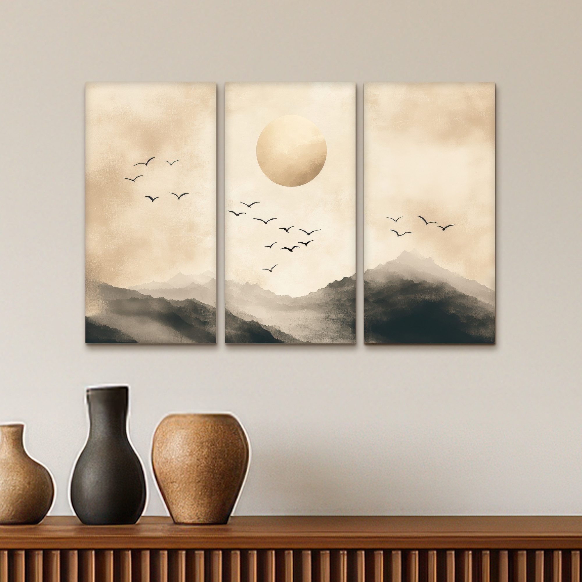 MuchoWow Leinwandbild Landschaft - Japandi - Beige - Vögel, Fotodruck (3 St), Wand Bilder 3 Set, Deko Schlafzimmer Wohnzimmer Flur 60x40 cm – Bild 5 von 5