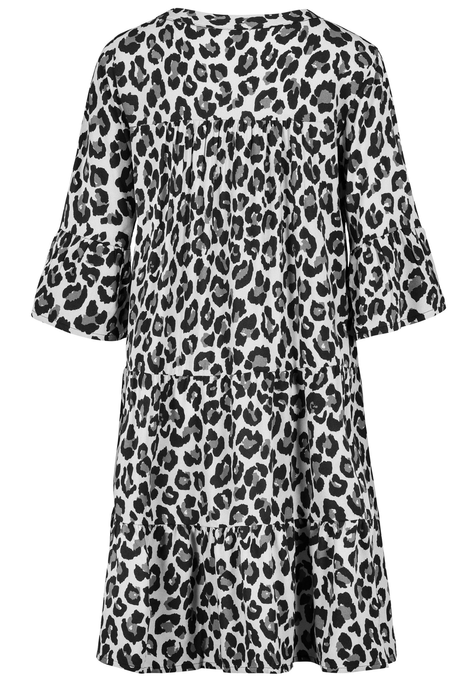 SUBLEVEL Shirtkleid Tropisches Muster, V-Ausschnitt, Rüschenärmel (knielang günstig online kaufen