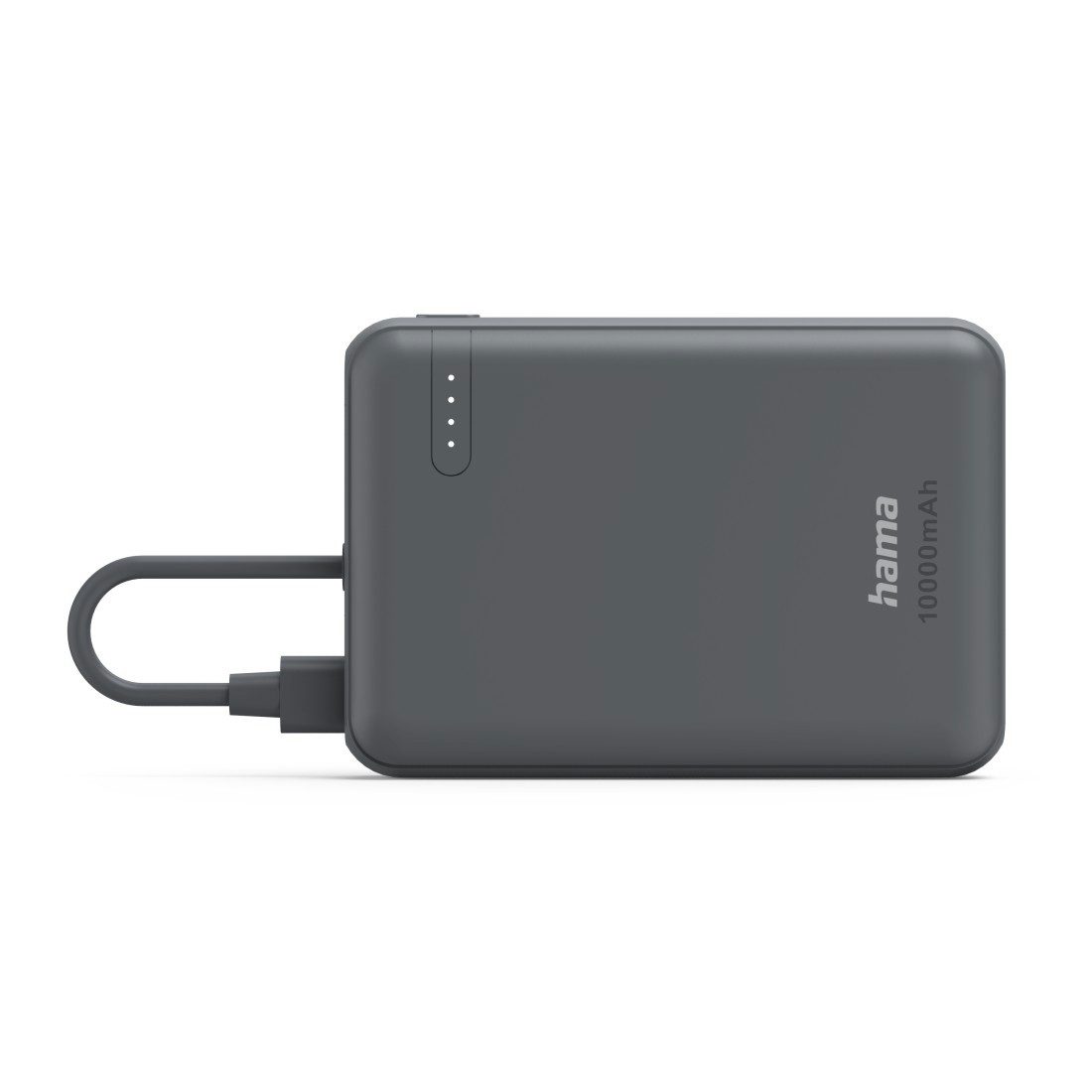 Hama Powerbank mit integriertem USB-C-Kabel, 10000 mAh, 2x USB-C, grau Powerbank, integriertes Kabel, Fast Charge, LED-Kapazitätsanzeige, akkuschonend