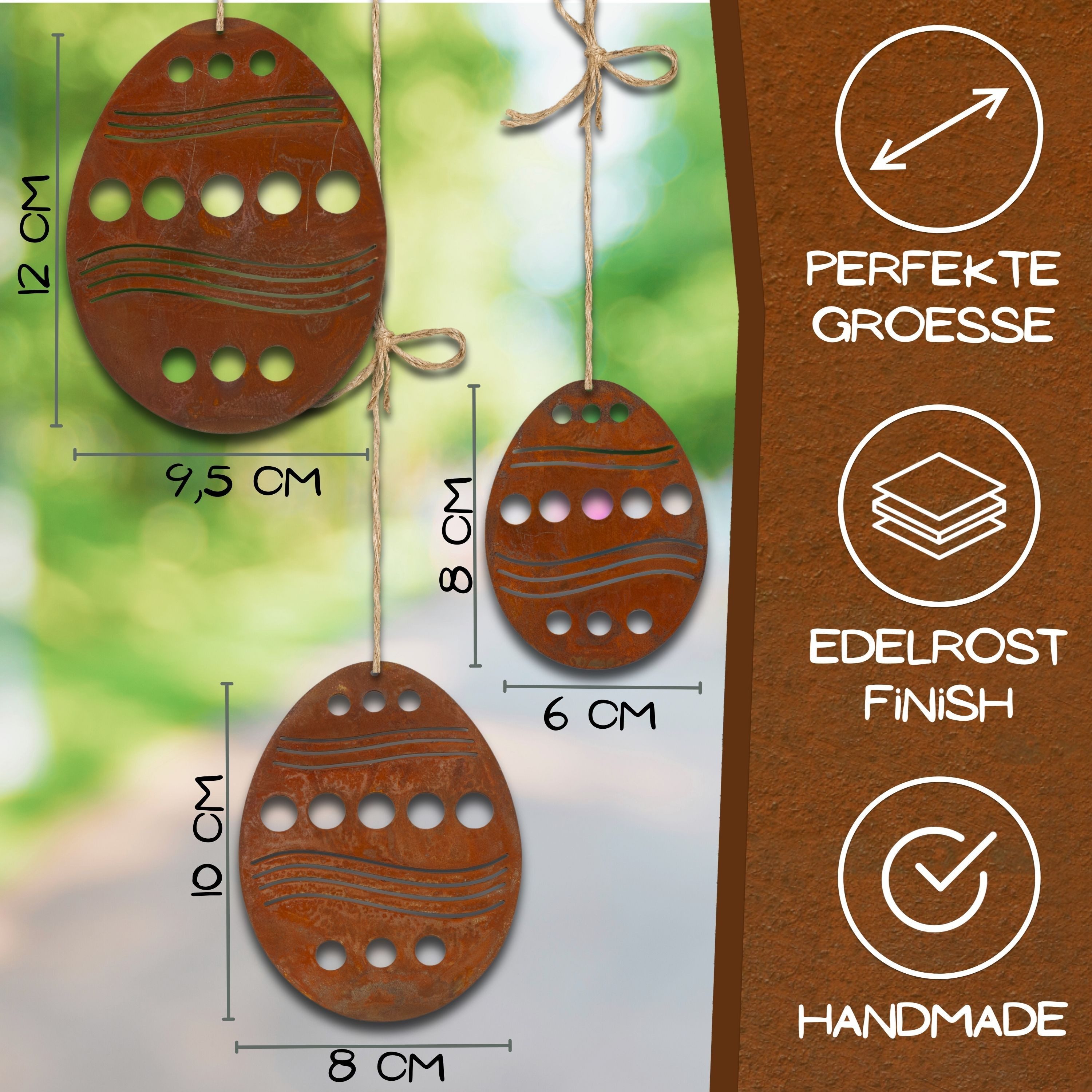 Rostikal Osterei Metall Osterdeko aussen Ostereier zum aufhängen (Set, 3tlg), echter Rost