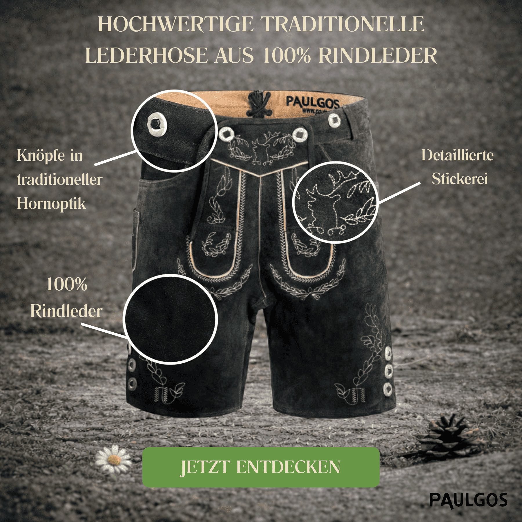 PAULGOS Trachtenhose Herren Lederhose Kurz mit Trägern 100% Echtleder - HK1