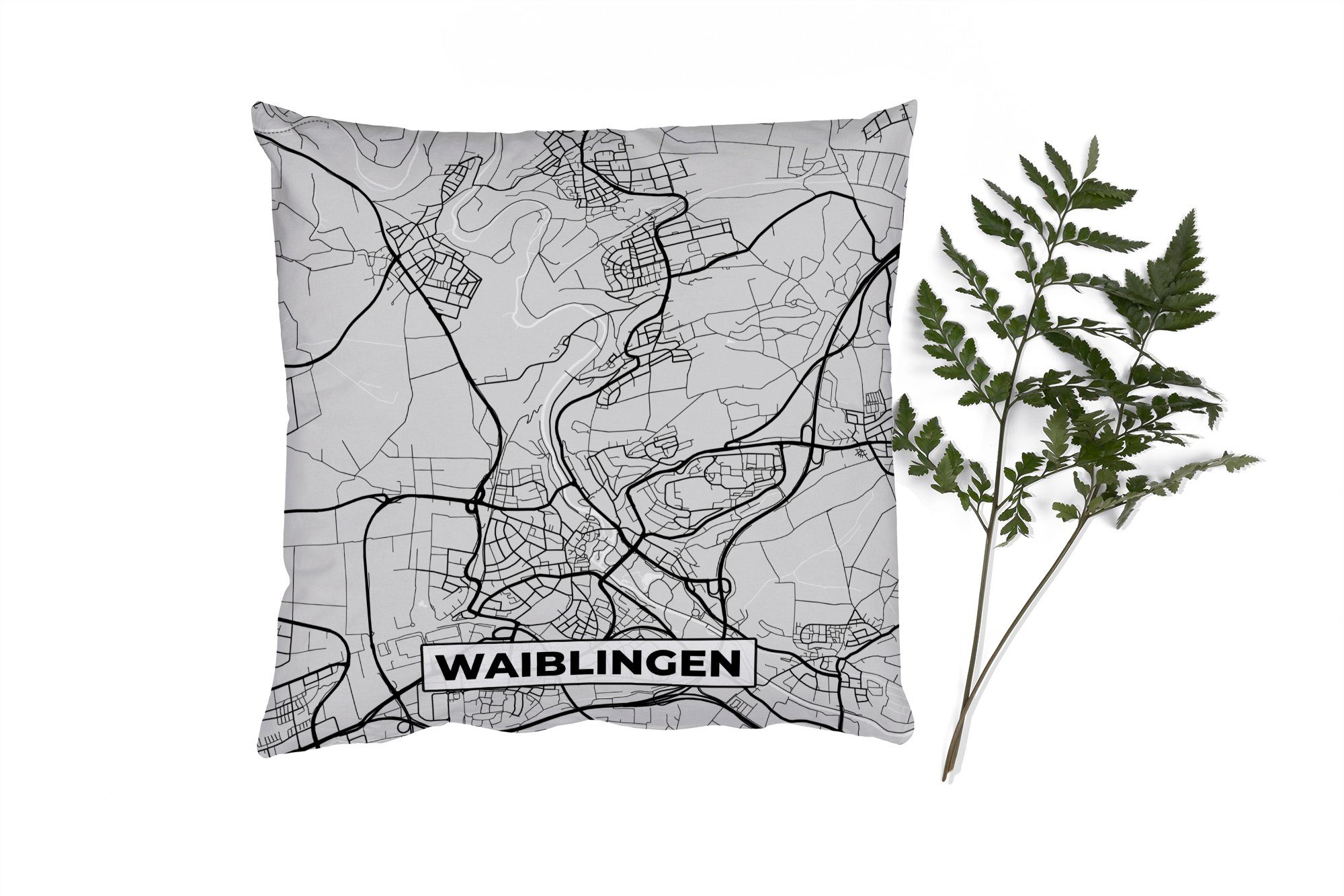 MuchoWow Dekokissen Karte - Waiblingen - Deutschland - Stadtplan - Karte, Zierkissen mit Füllung für Wohzimmer, Schlafzimmer, Deko, Sofakissen