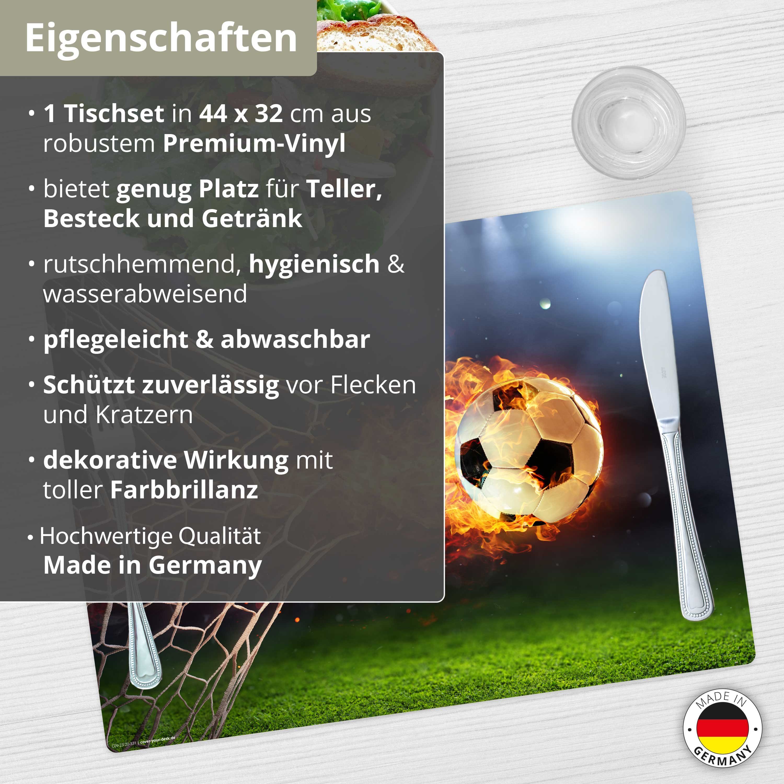 Tischsetmacher Platzset Tischset,  Platzset abwaschbar - für Kinder - Flammender Fußball, (aus erstklassigem Vinyl (Kunststoff - BPA-frei), 1-St., 44 x 32 cm - rutschfeste Tischdekoration), Made in Germany