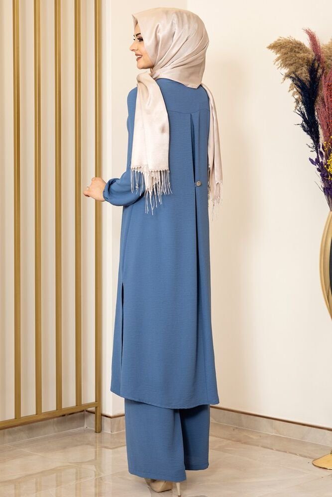 Damen Knöpfe, Indigo-Blau mit Tunika Anzug Longtunika Modavitrini Lange Zweiteiler Aerobin Hijab Stoff Hose Kleidung