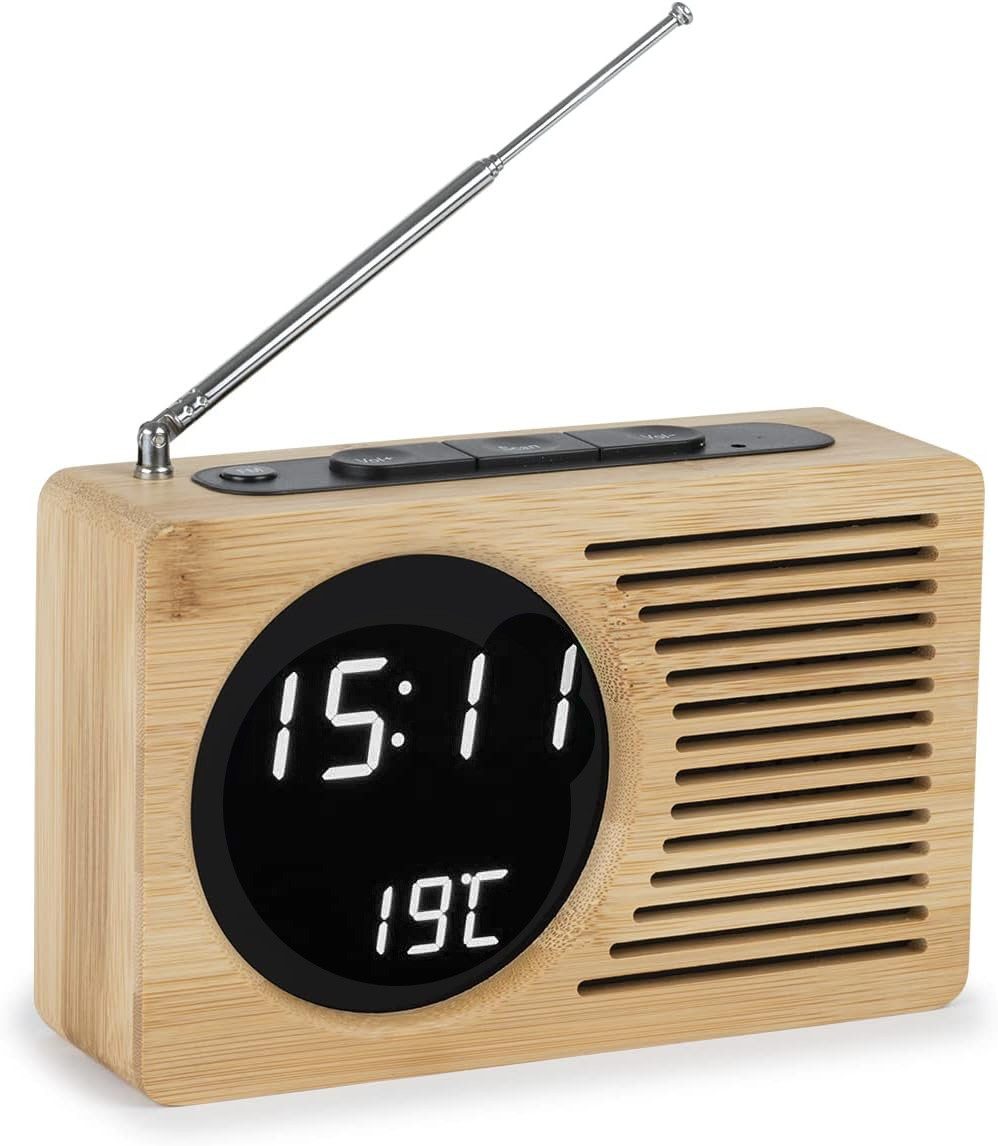 Present Time Tischuhr wunderschöner Retro Holz Wecker mit Digital anzeige & Raum Temperatur Rechteckig, Vintage Radiowecker - Ab jetzt stilvoll aufwachen!