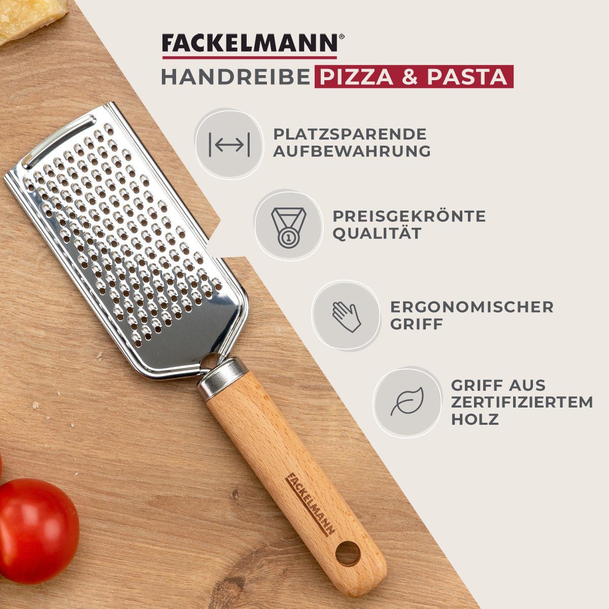 FACKELMANN Käsereibe Handreibe für Parmesan & Hartkäse, Edelstahlklinge, Holzgriff
