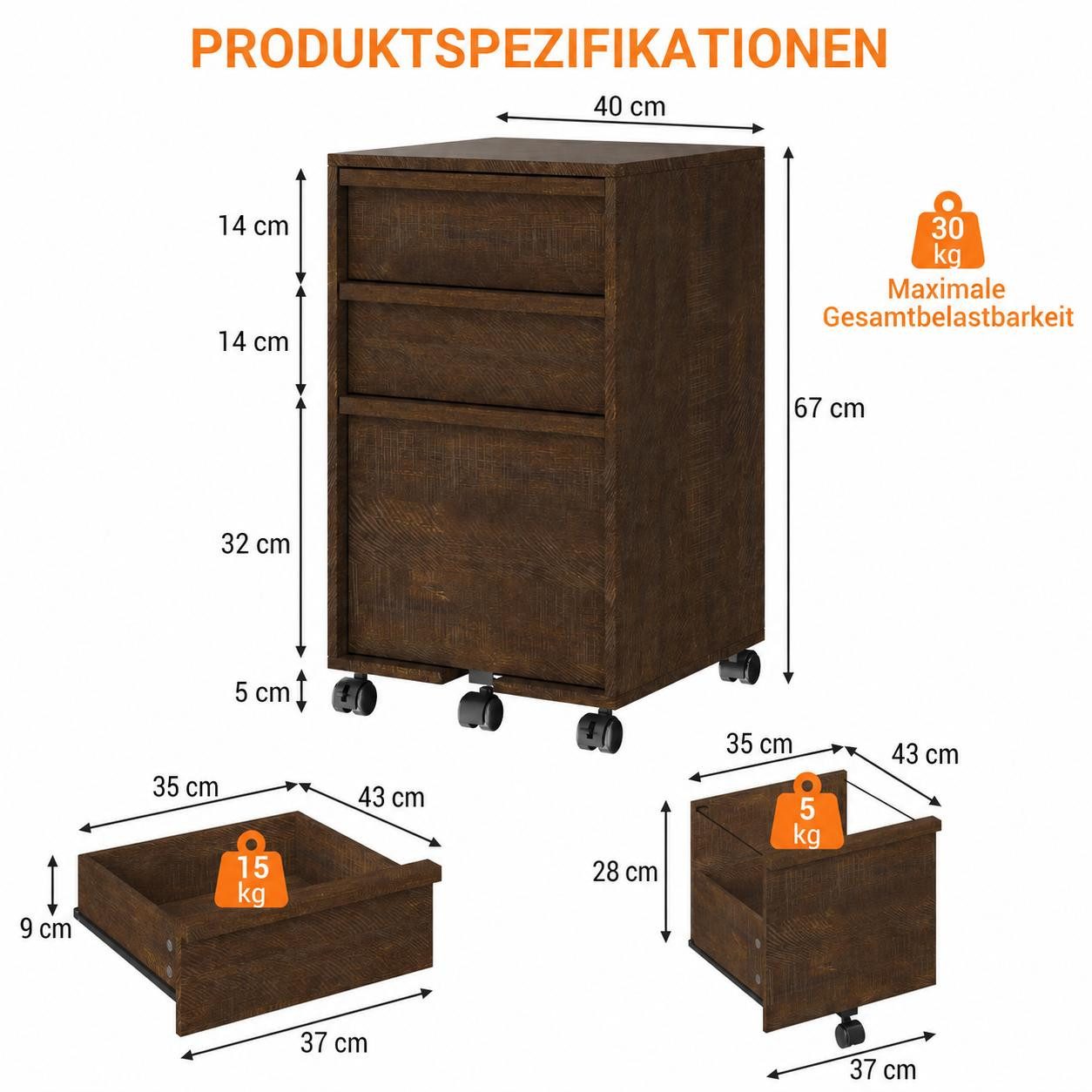 GarveeMore Aktenschrank Rollbarer Computerschrank mit 3 Schubladen Container Stauraumschrank (1-St) 67cm hoch Beistellschrank Druckerstand auf Rollen Mehrzweckschrank