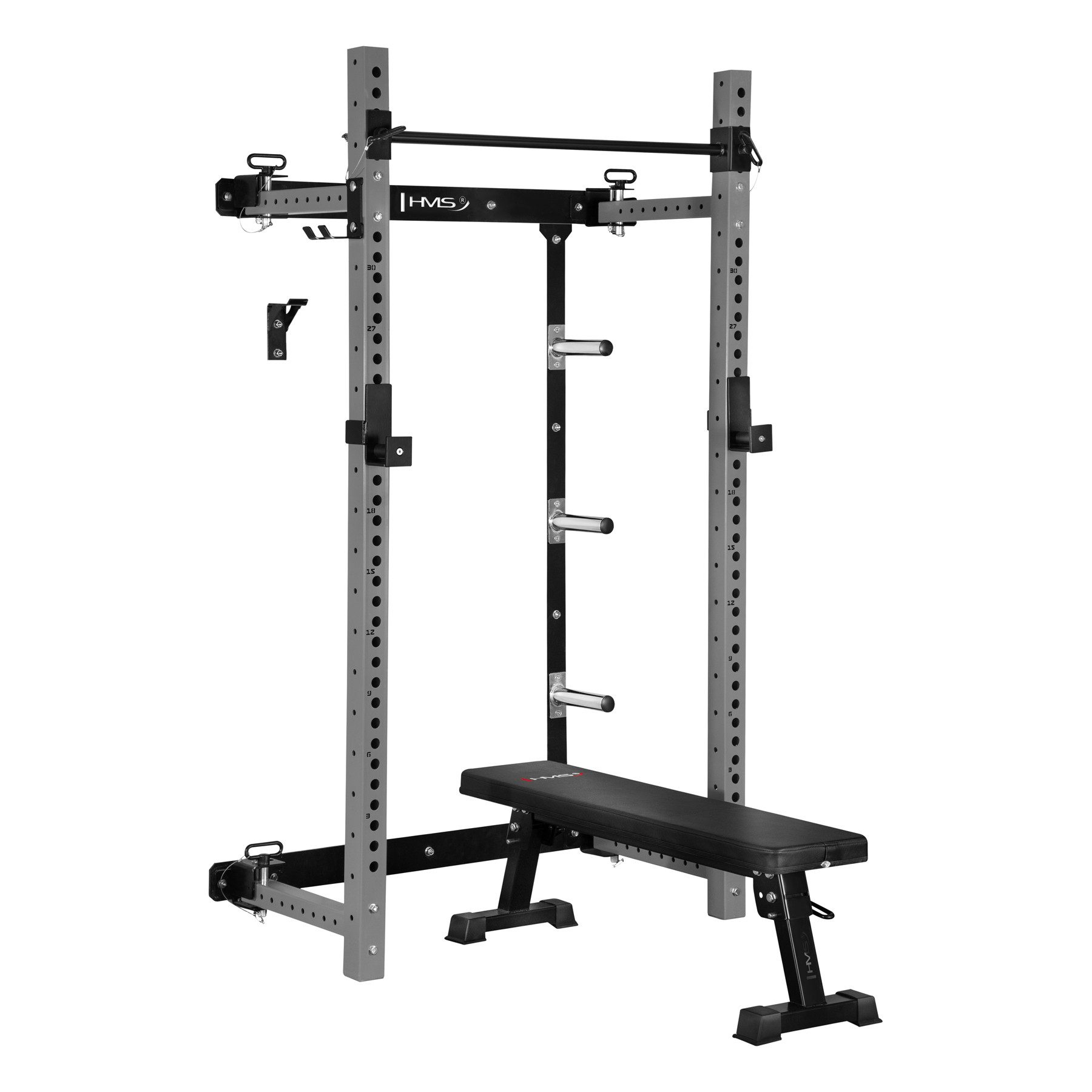 HMS Power Rack Wand-Kraftstation KLT34 klappbar, (Spar-Set, 1-tlg., 120 x 31 x 43 cm klappbar), klappbar, wandmontiert, mit Bank, Klimmzugstange