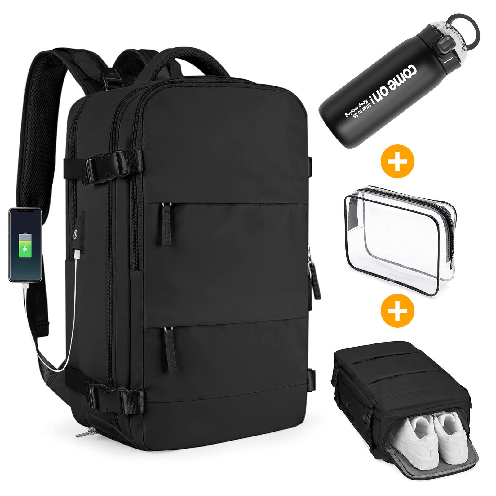 INTEBIKI Reiserucksack Lässiger Rucksack Damen und Herren (Reiserucksack Wasserdicht groß mit USB-Lade-Anschluss für 15,6" laptop Combo Edelstahl Thermobecher 500ml), Airline Approved, Bonus: PVC-Kulturbeutel