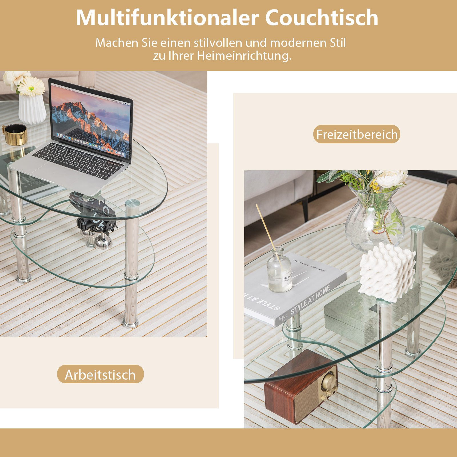 COSTWAY Couchtisch, Glastisch oval Wohnzimmertisch mit Stauraum 89x50x45cm