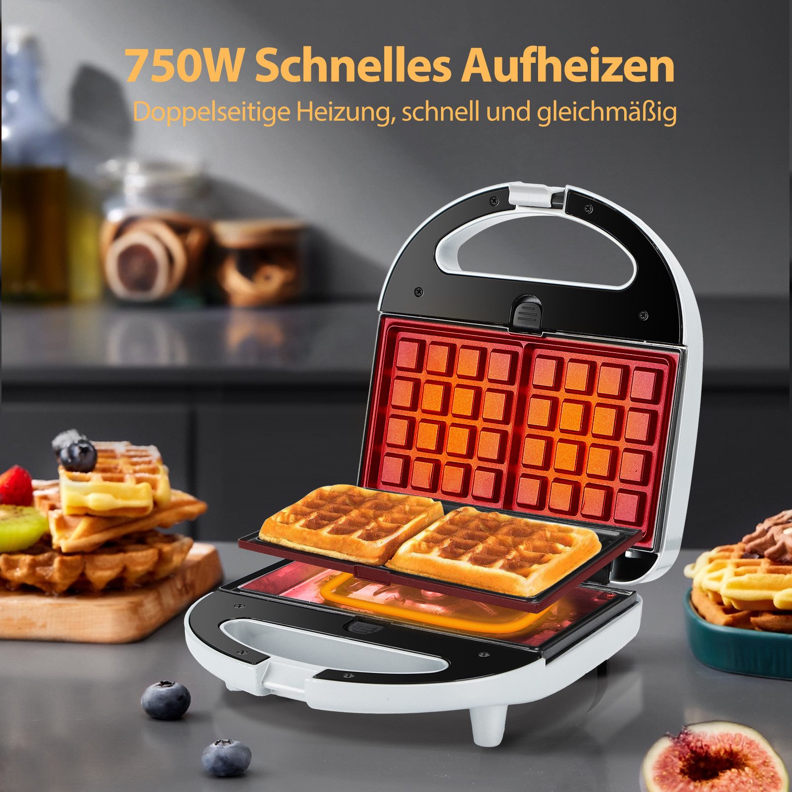 Aigostar 3-in-1-Kombi-Waffeleisen 750 W Sandwichmaker, 3 Austauschbare Platten, Beidseitiges Grillen, 750,00 W, Antihaftbeschichtet, Automatisches Thermostat, W – Bild 5 von 5