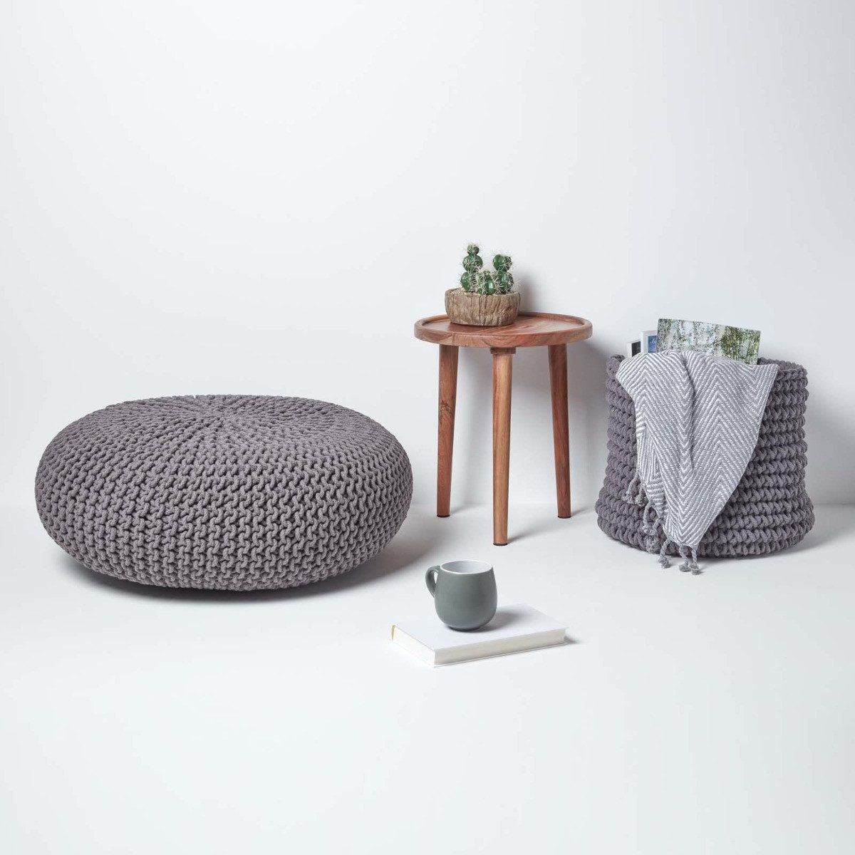 Homescapes Pouf Großer Strickpouf 100% Baumwolle, grau