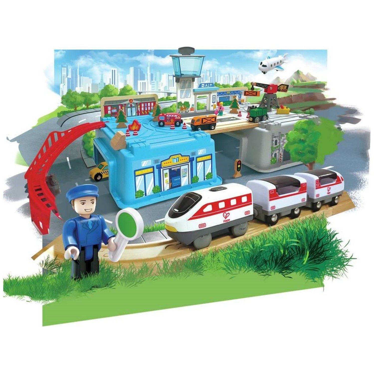 Hape Spielzeug-Eisenbahn E3773 Großstadtlandschaft Eisenbahn in Aufbewahrungsbox