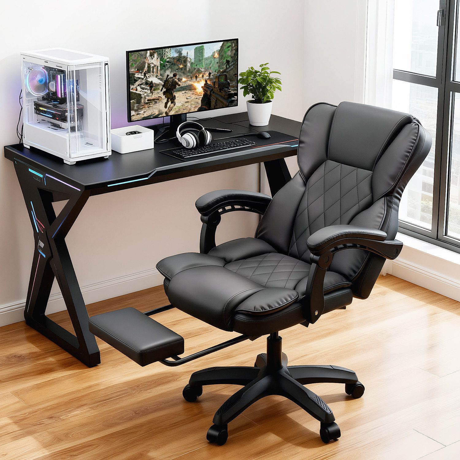oyajia Bürostuhl Ergonomisch,mit Fußstütze, 135° neigbar (Drehstuhl aus PU leder, Belastbarkeit bis 150 kg), Schreibstuhl Höhenverstellbar, für Wohnzimmer, Büro