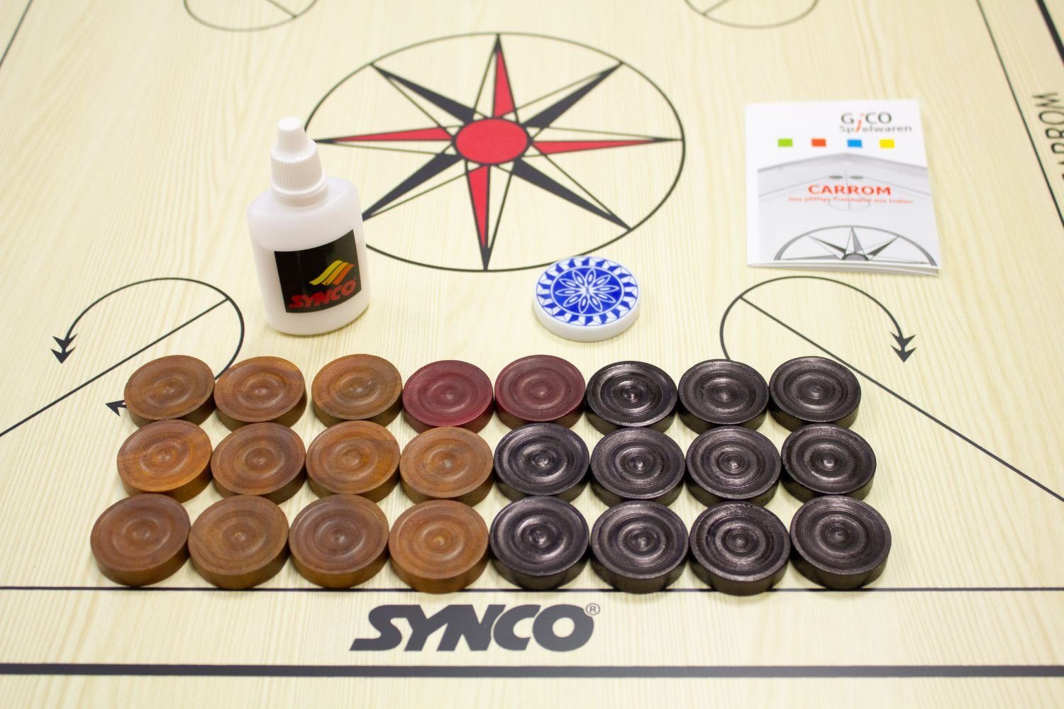 GICO Spielesammlung Carrom Board Synco Turnier 74x74 cm Komplettset mit Tasche 2983