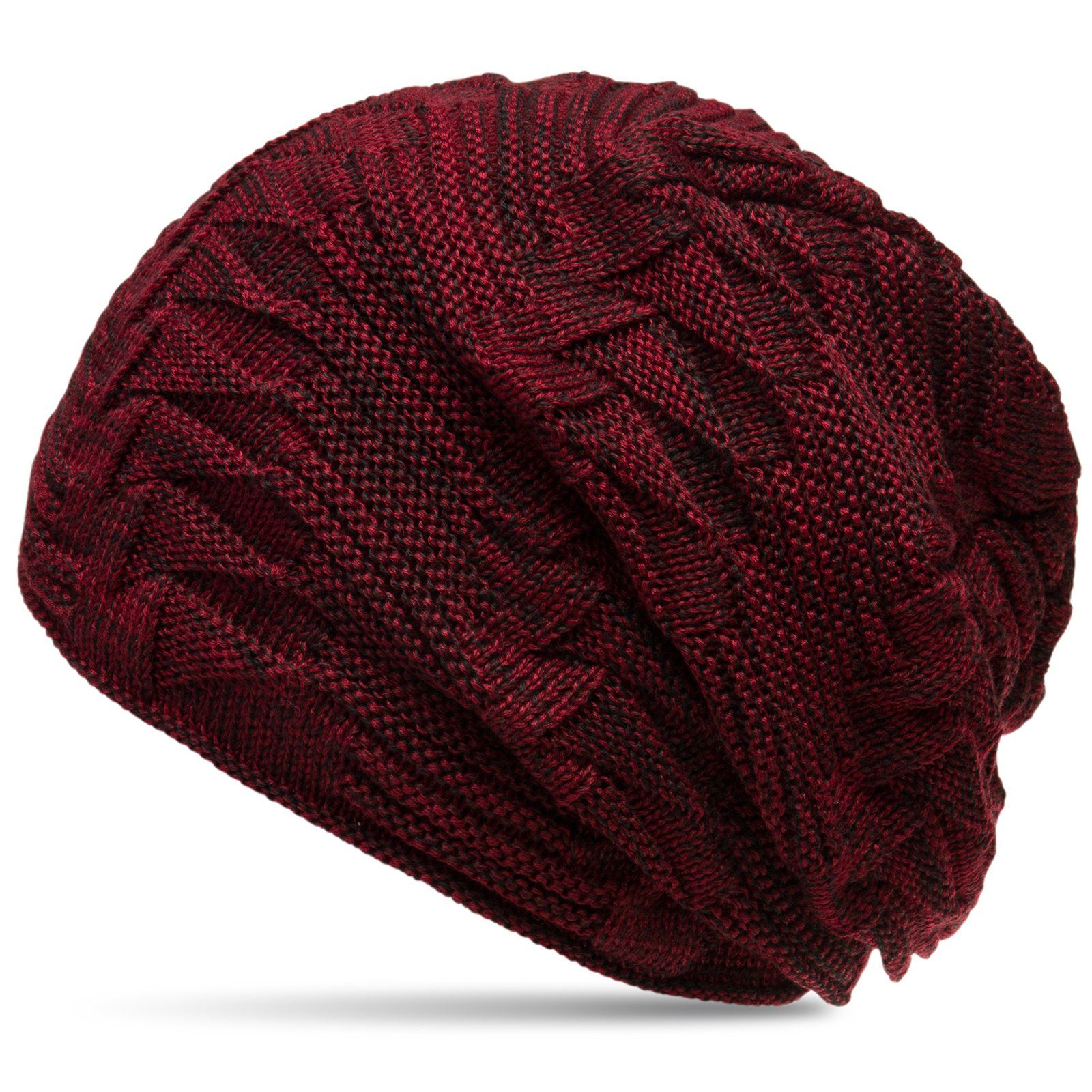 stylischem Flecht Beanie schwarz Muster / Feinstrick gefütterte mit Caspar MU154 weinrot Mütze