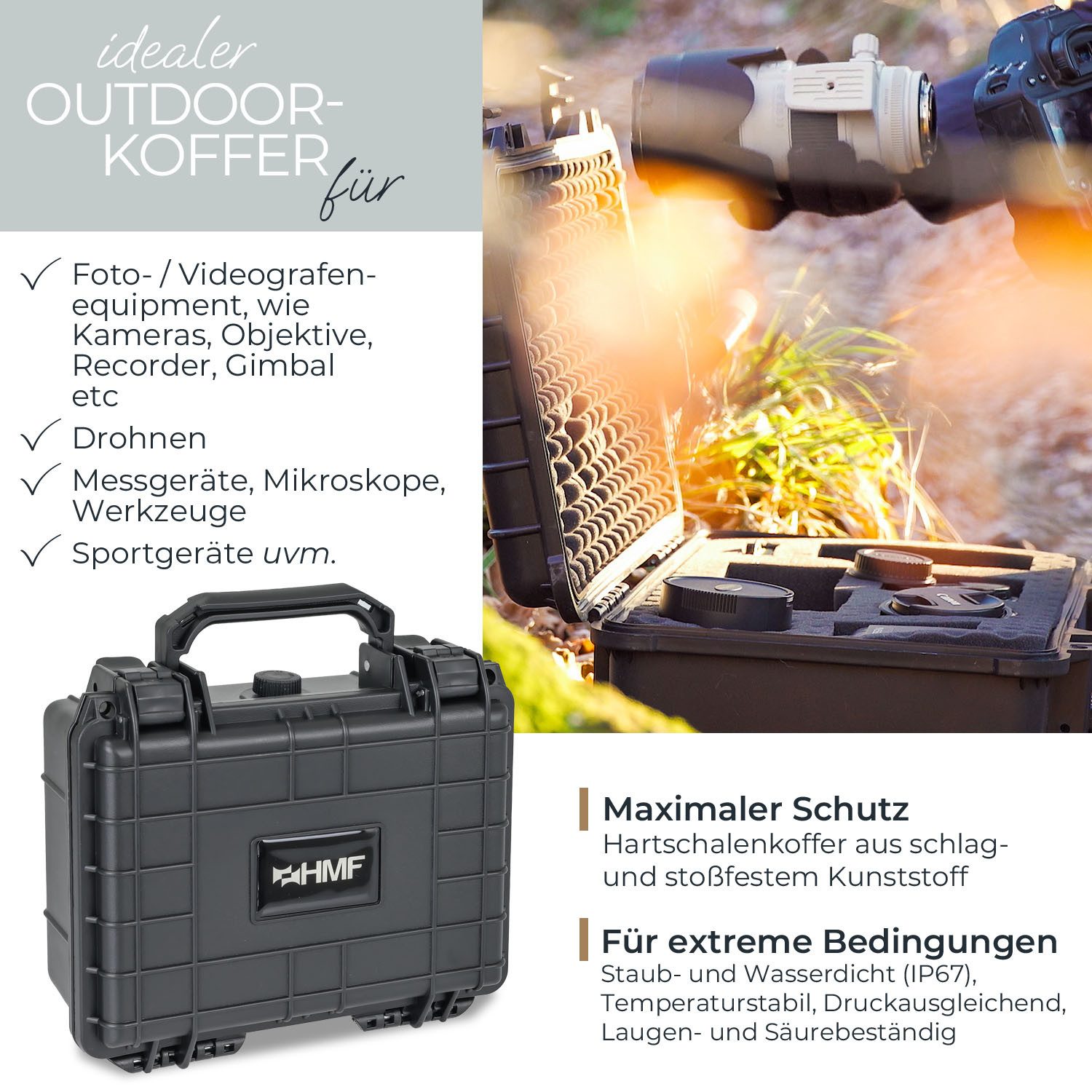 HMF Werkzeugkoffer Robuster Outdoorkoffer mit Druckausgleichsventil und Rasterschaumstoff, Outdoor-Koffer wasserdicht und staubdicht, 23 x 19 x 11 cm, schwarz