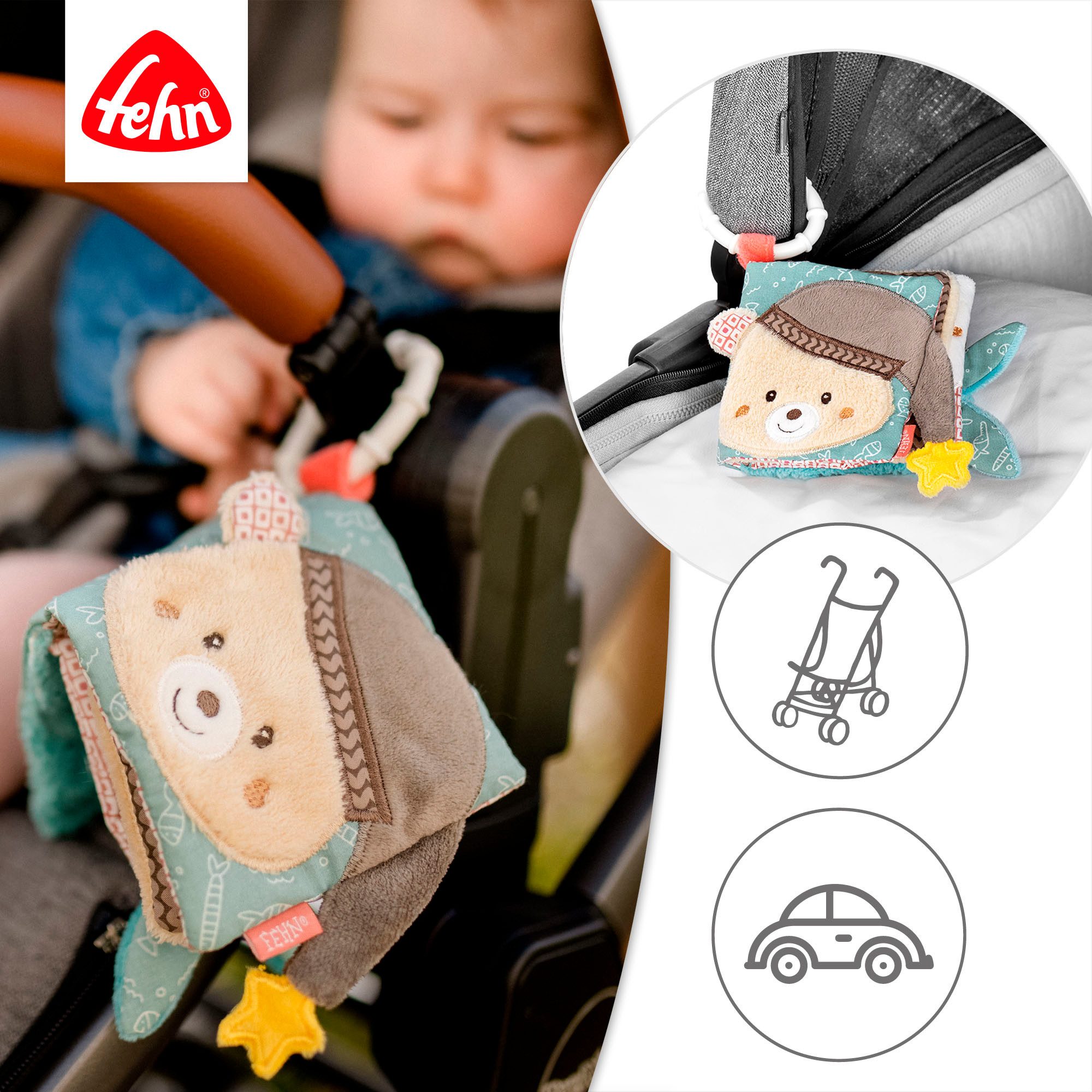 Fehn Greifspielzeug Bruno, Stoffbuch, mit Ring zur Befestigung an Kinderwagen, Babyschale oder Bett