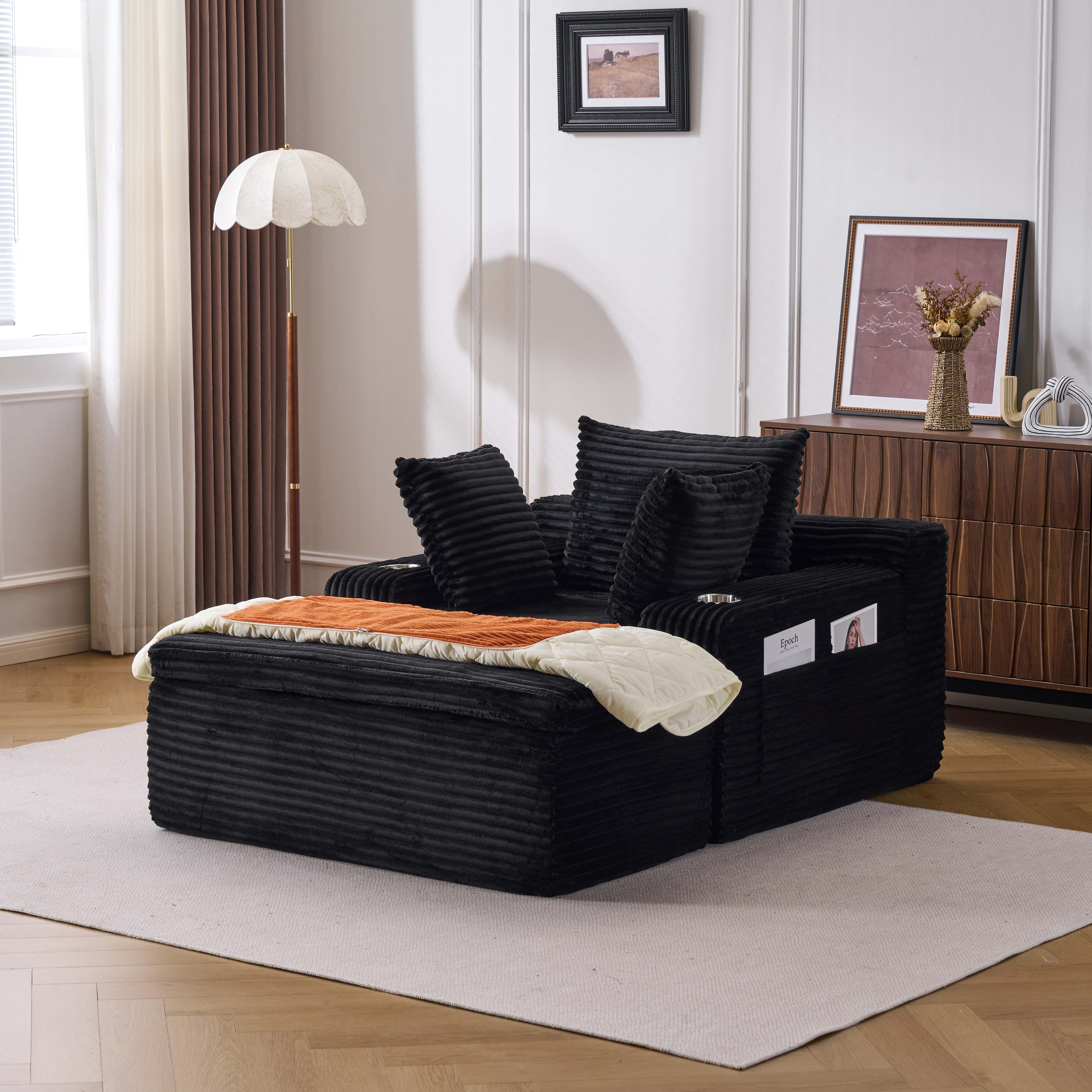 Leawin Sofa Sofas Wohnzimmer Schlafsofa Couch klein Cord Relaxsessel, Werkzeuglos, weich gepolstert mit Decken-Kissen & Getränkehaltern