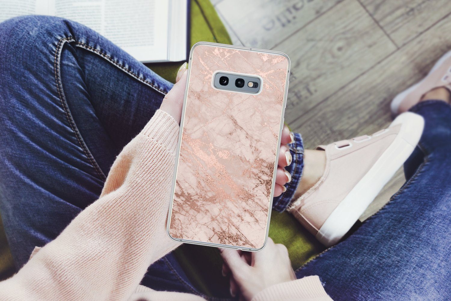 MuchoWow Handyhülle für Samsung Galaxy S10e Marmor - Rosa - Luxus - Marmoroptik - Glitzer, Phone Case, Silikon, Schutzhülle Dünn